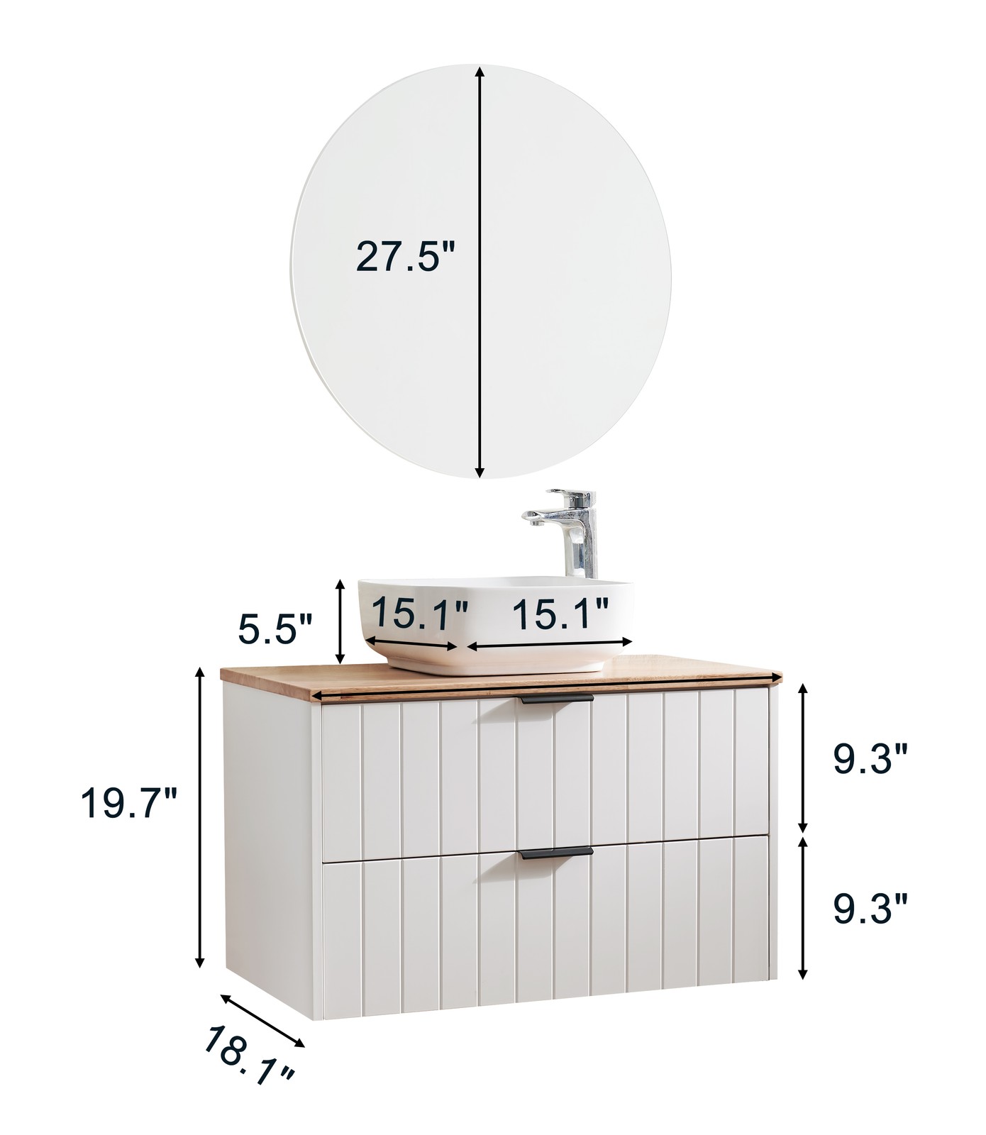 32 Inch Double Drawer Wall Mount Bathroom Vanity White Cabinet Solid Wood Top