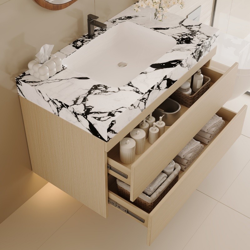 29.9″ Modern Floating Bathroom Vanity with Faux Marble Top and Ceramic Sink
