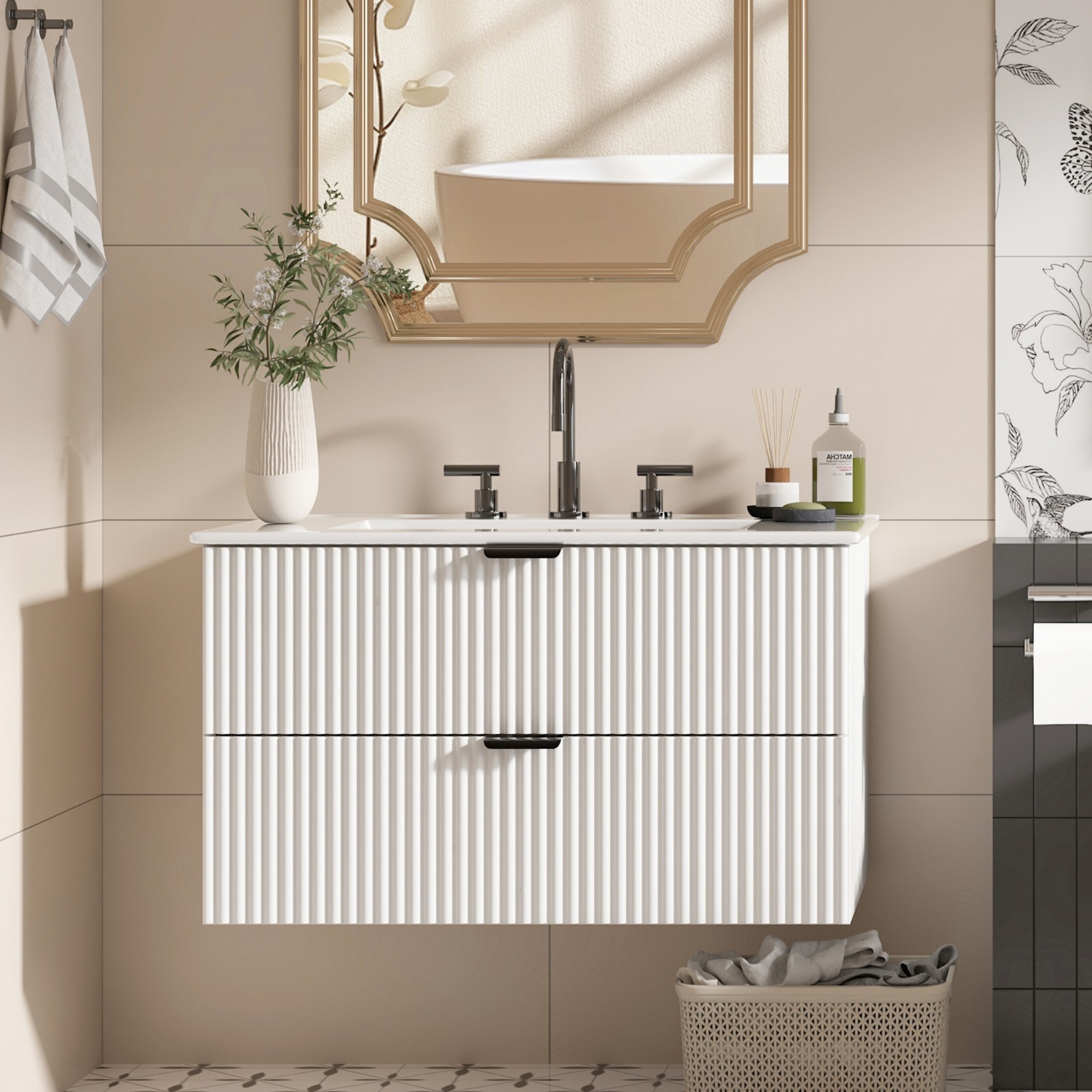 24″ 30″ 36″ Wall Mounted Bathroom Vanity w/Sink Floating Vanity Cabinet 2 Drawer