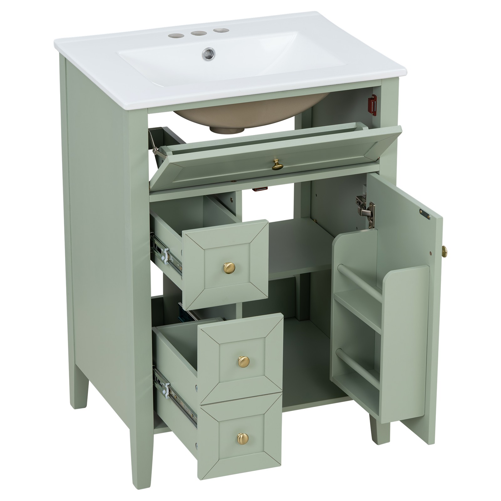 24″ Light Green Bathroom Vanity with Ceramic Sink and Storage Drawers