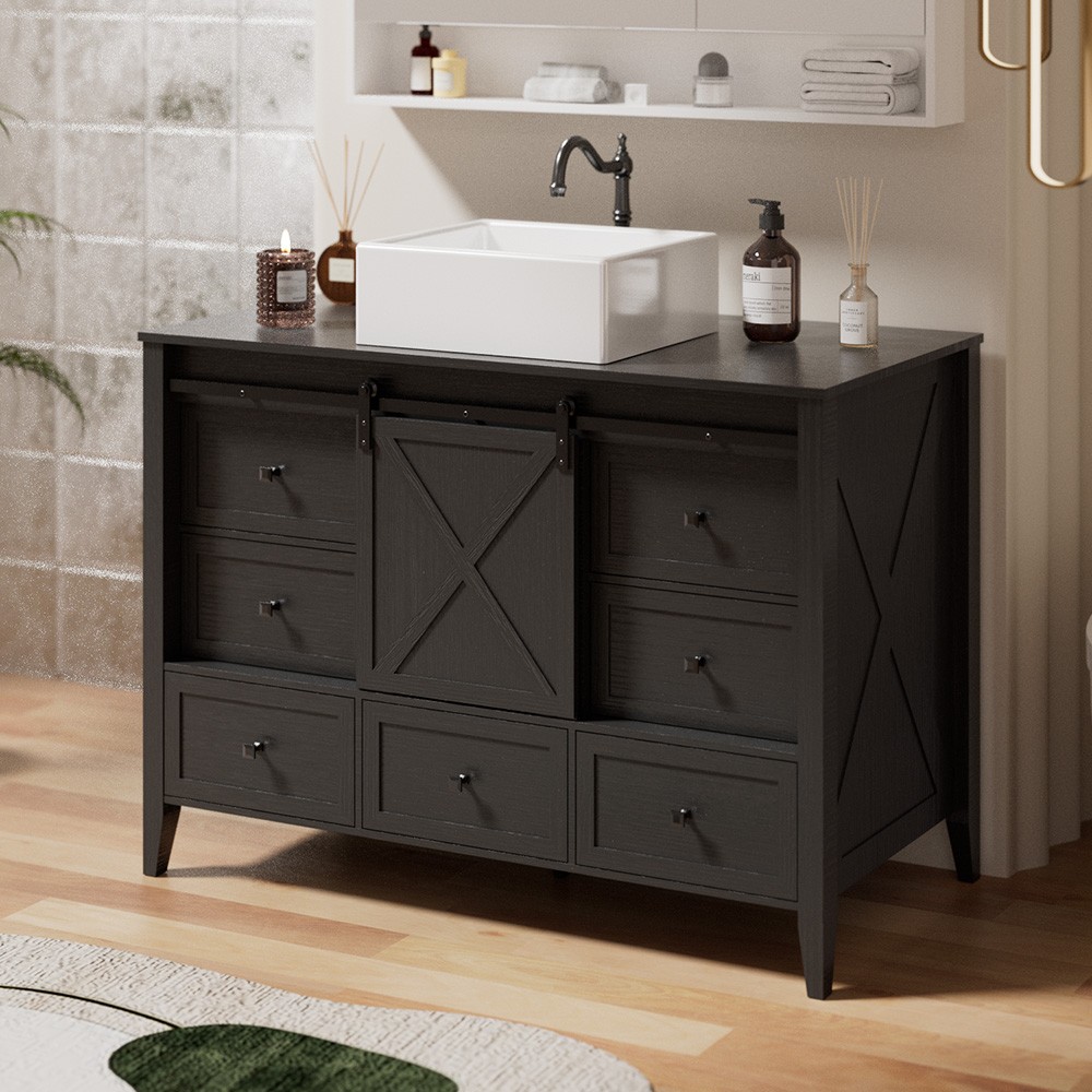 48″ Bathroom Vanity Cabinet w/ Single Sink Ceramic Freestanding Drawers & Door