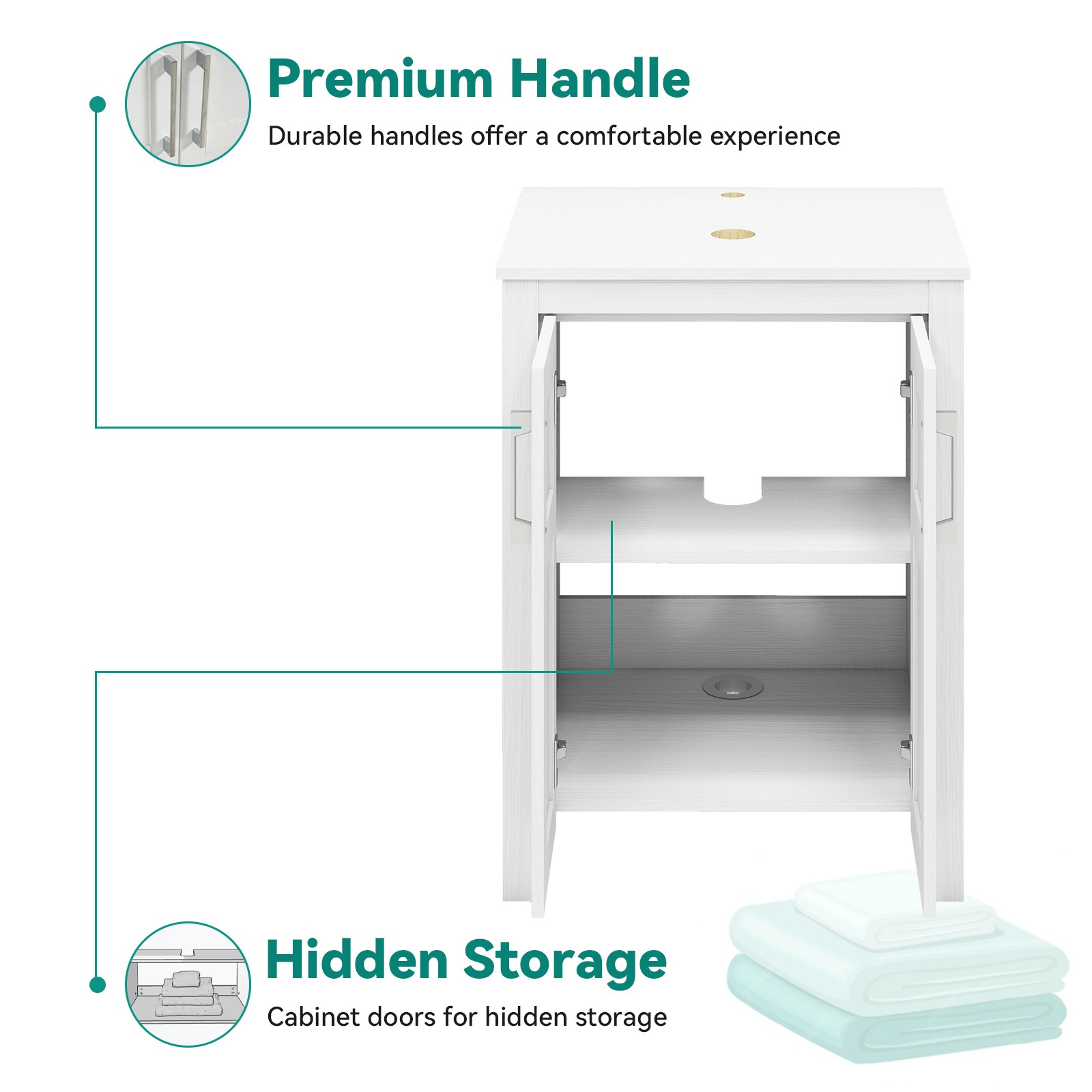 24 Inch Freestanding White Bathroom Vanity Set Vessel Sink Faucet Pop Up Drain