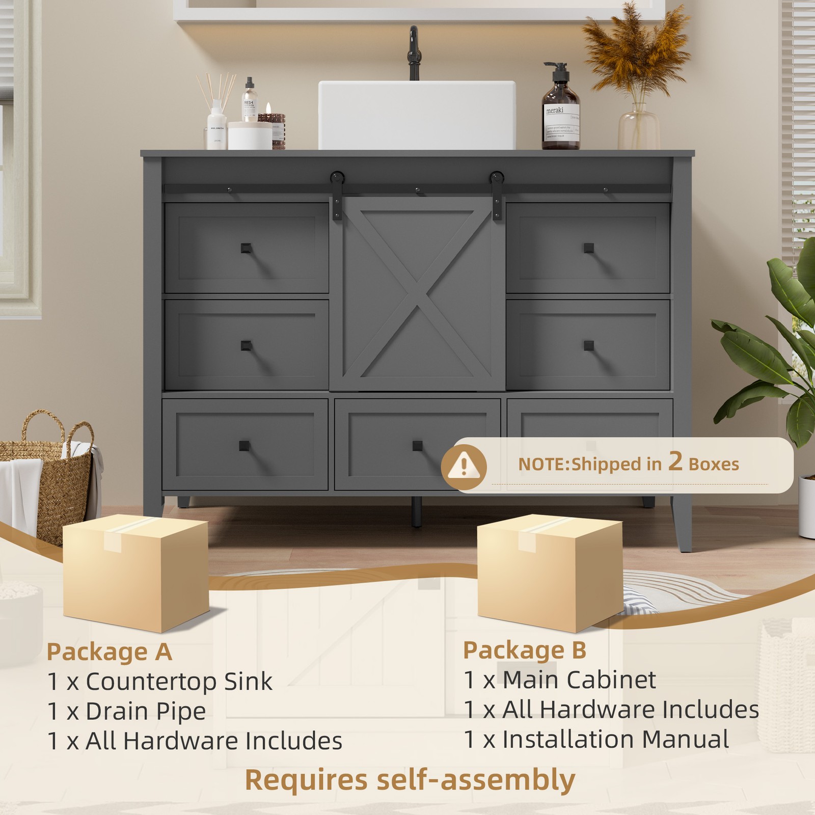 48″ Bathroom Vanity Sink Ceramic Freestanding 7Drawers Space-Saving Cabinet Grey