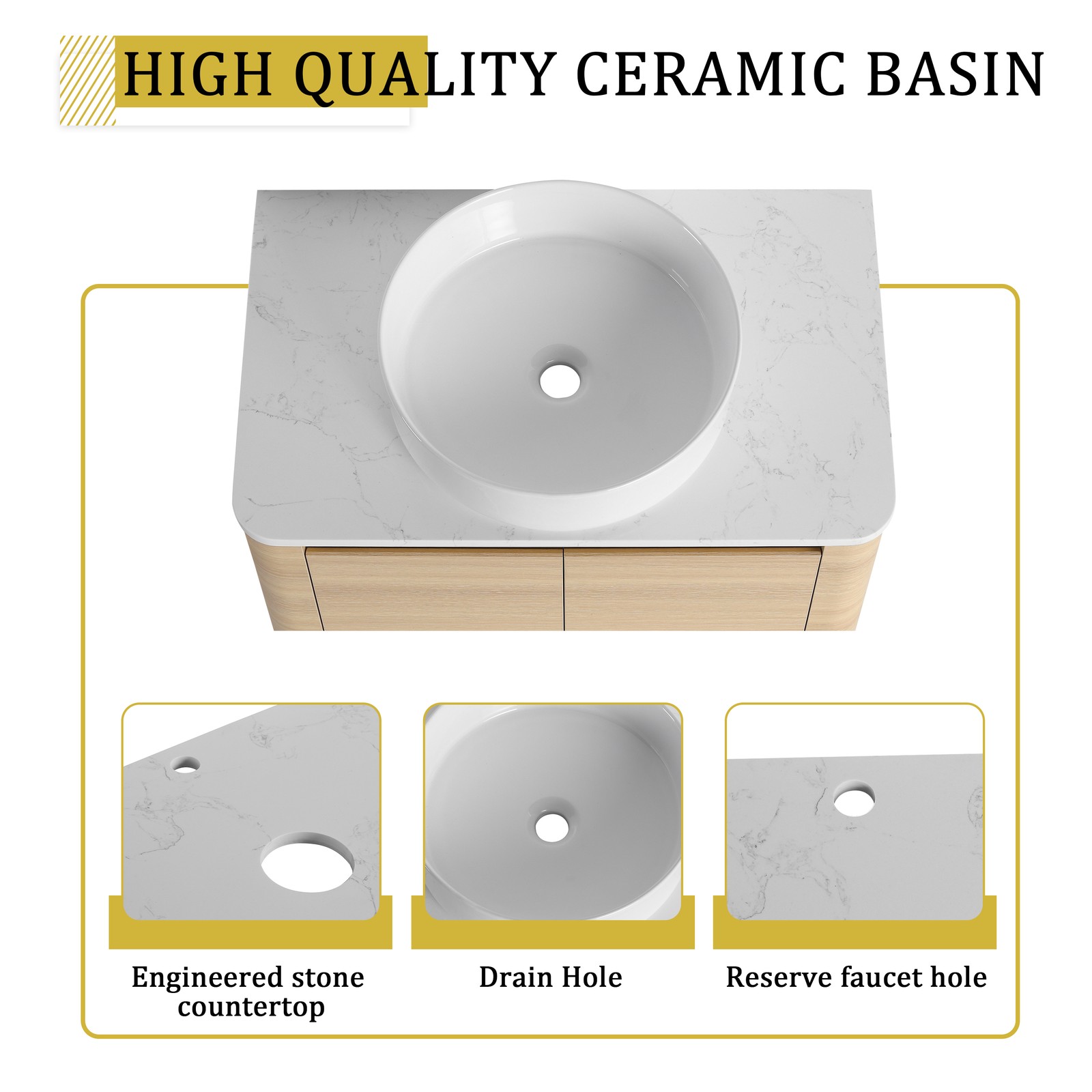 42in Plywood Floating Bathroom Vanity W/White Ceramic Basin Sink Storage Shelves