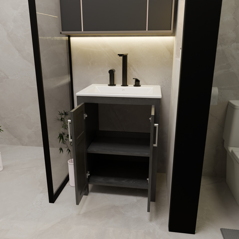 Bathroom Vanity with White Ceramic Sink Faucet Pop Up Drain Set Large Storage