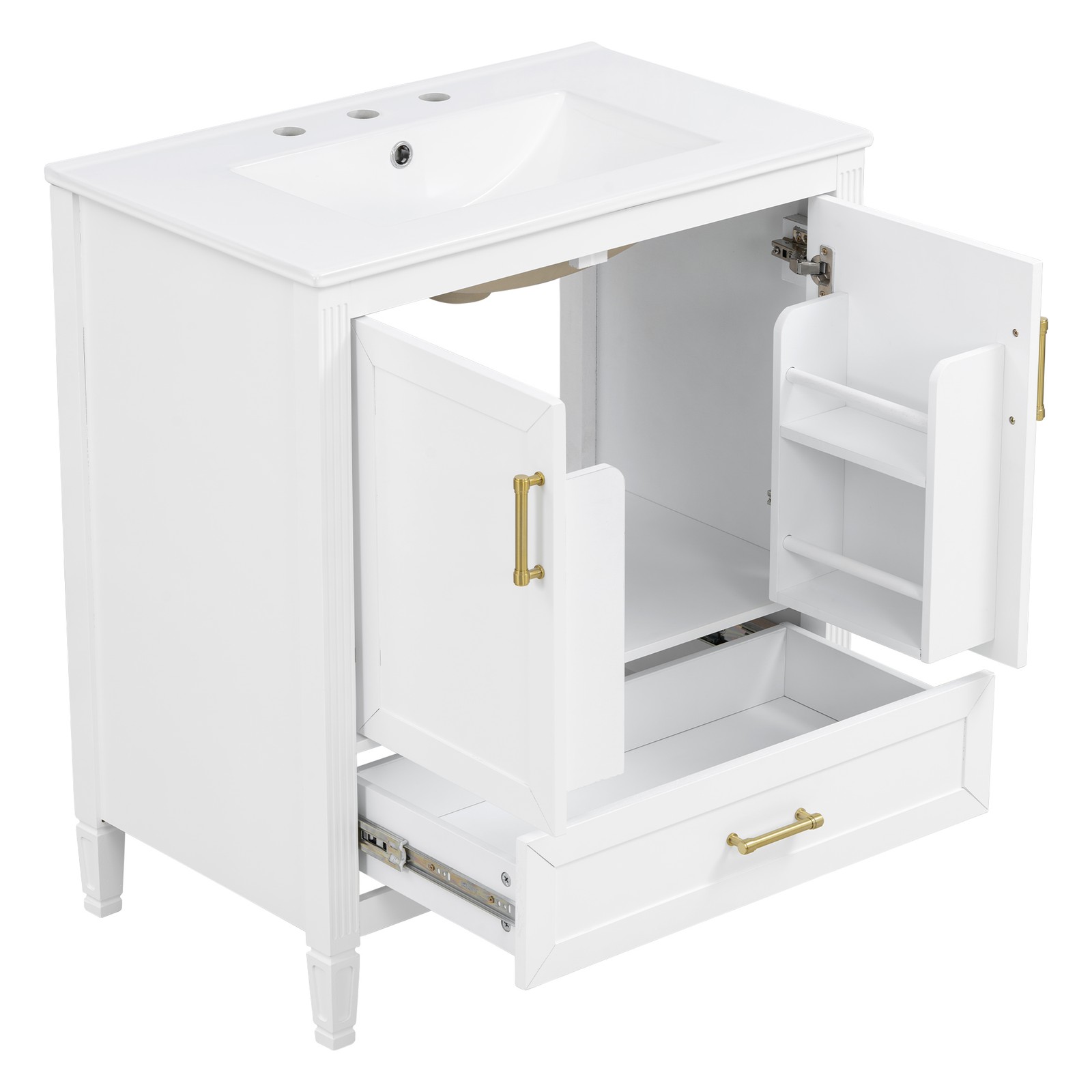 30″ White Fluted Bathroom Vanity with Ceramic Sink, Soft-Close