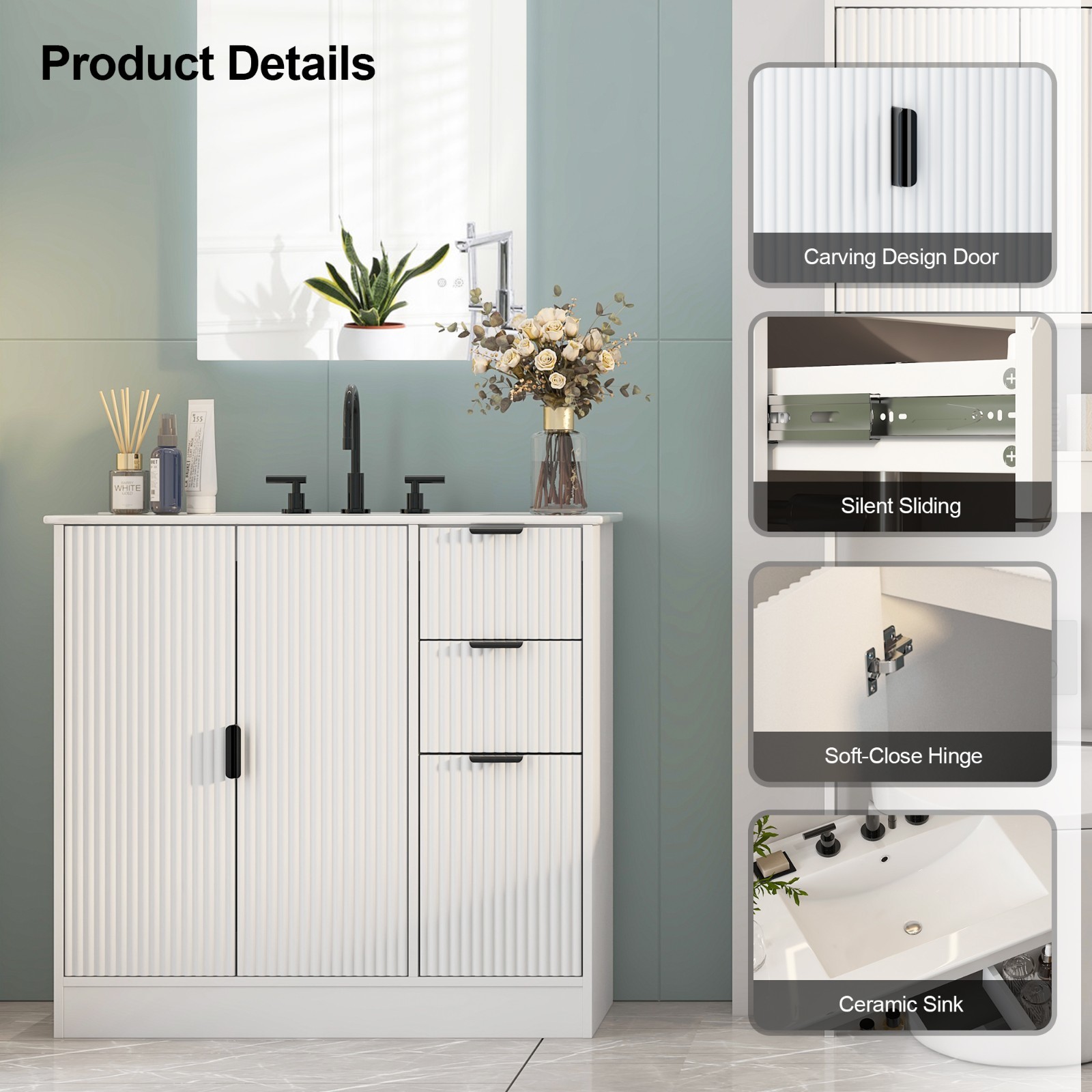 36″ Bathroom Vanity with Ceramic Sink Extra Large Storage with 2 Doors 3 Drawers