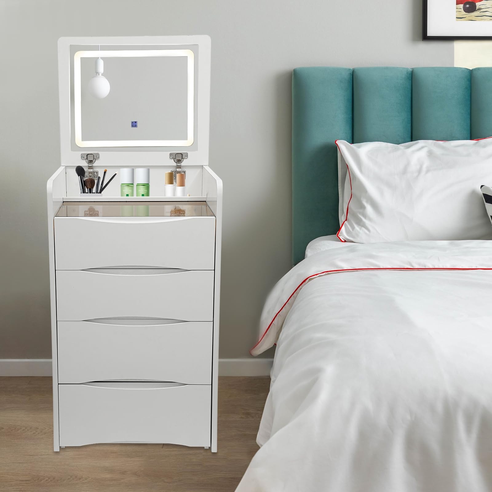 Vanity Desk Lighted Mirror Makeup Table Stool 3 Drawers Bedroom 3-Color Lighting