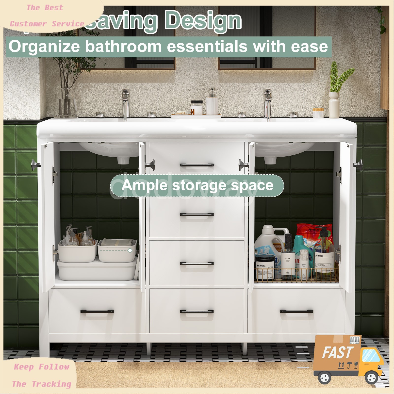 47″ Bathroom Vanity Set with Double Sink, 4-Door 6-Drawer Waterproof Cabinet