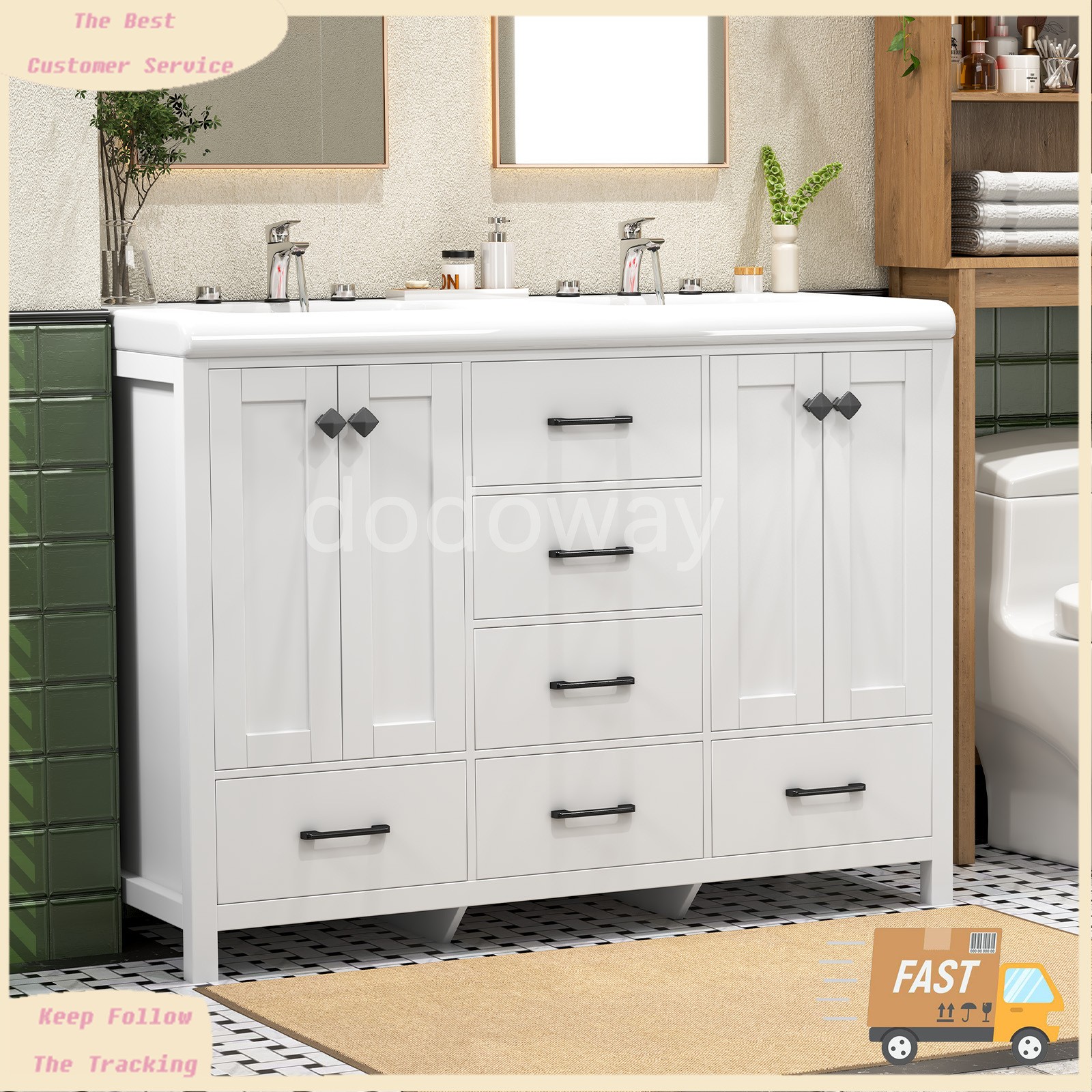 47″ Bathroom Vanity Set with Double Sink, 4-Door 6-Drawer Waterproof Cabinet
