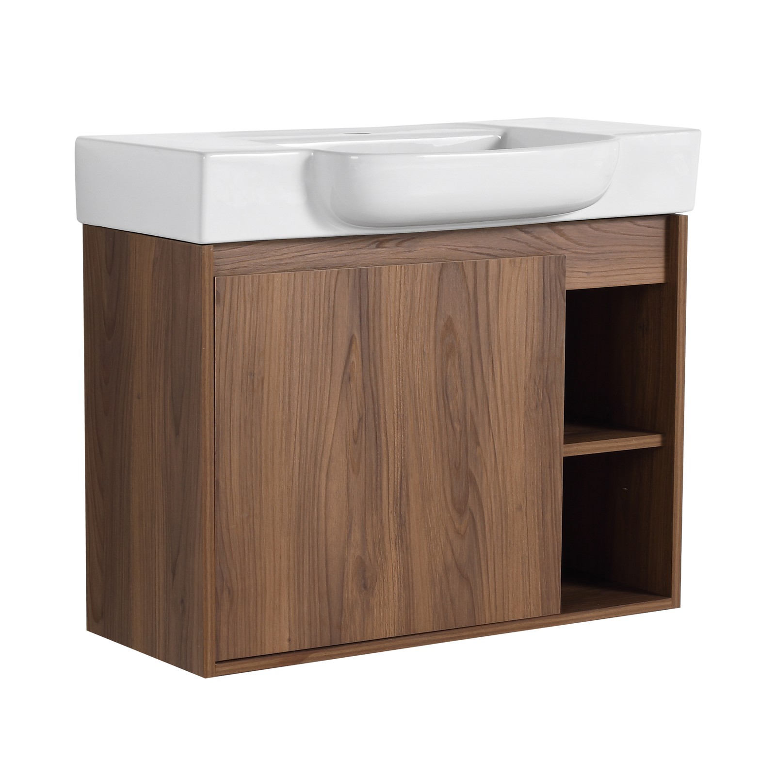 28″ Plywood Wall-Mounted Bathroom Vanity W/ Ceramic Sink Brown For Small Space
