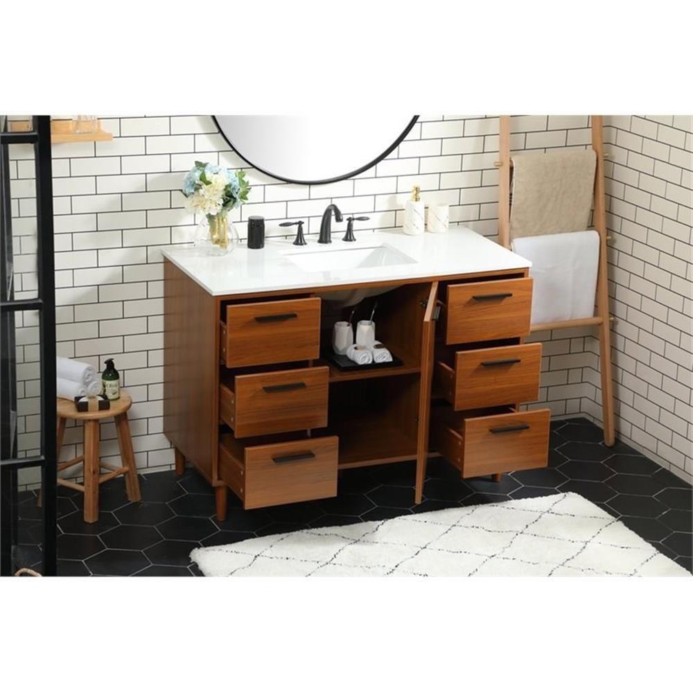 Pemberly Row Modern 48″ Solid Wood and MDF Bathroom Vanity in Teak