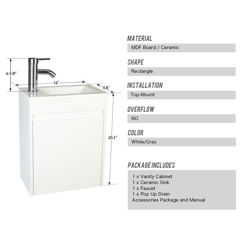 16″ Small Bathroom Paint Vanity Set Wall Mount Gray/White W/Sink Faucet Drain