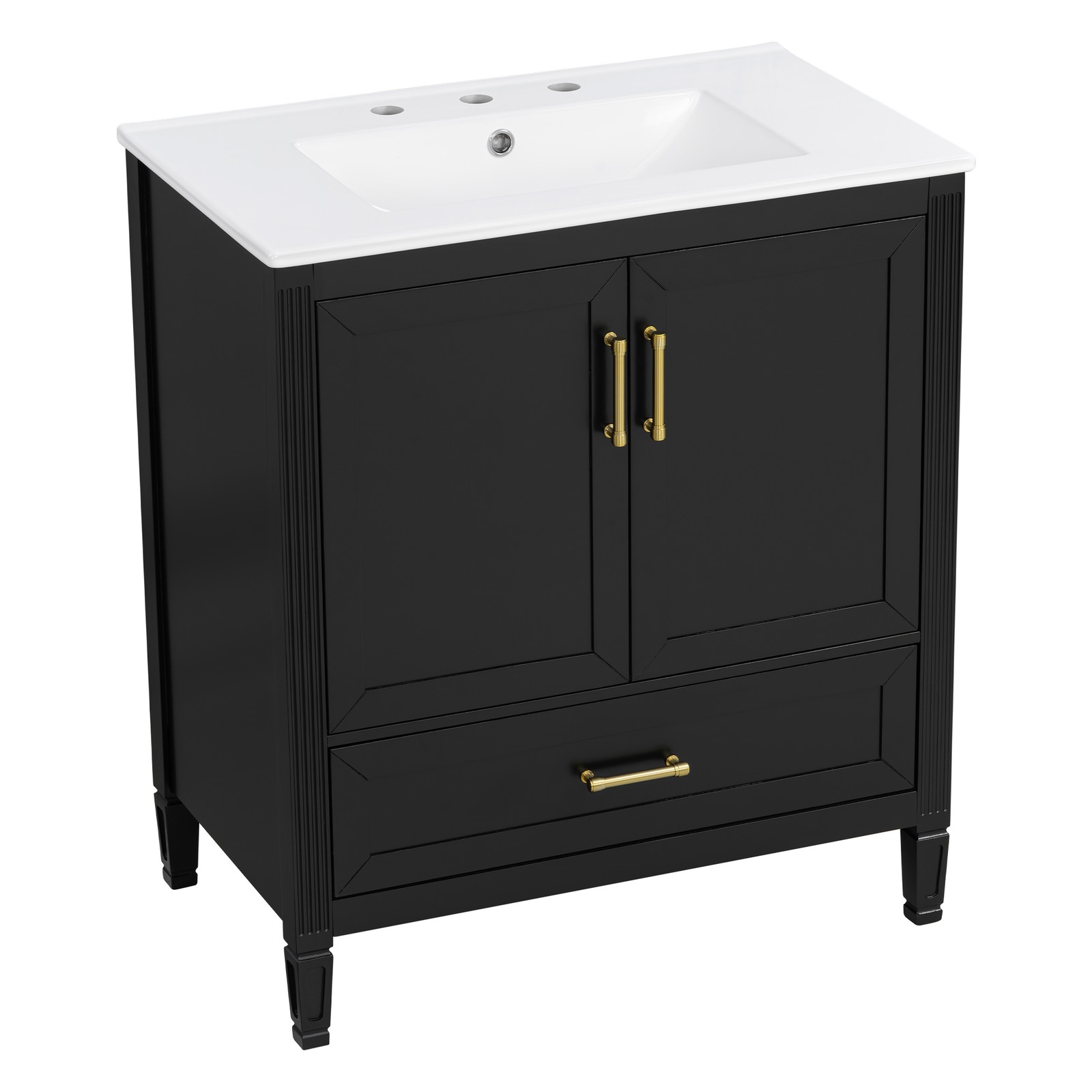 30 Inch Black Fluted Bathroom Vanity with Ceramic Sink, Soft-Close