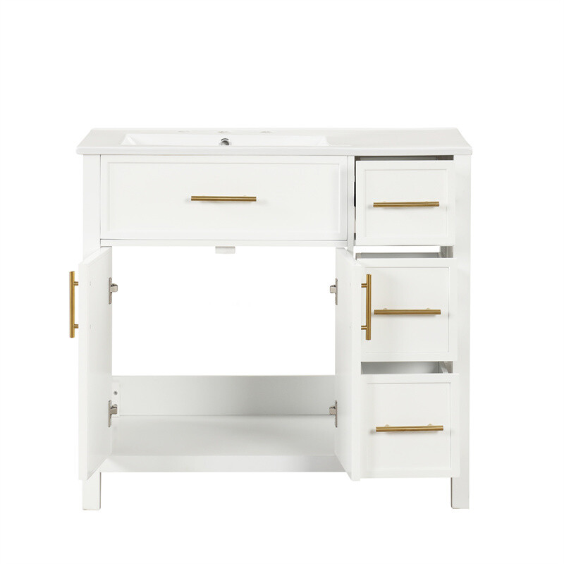 36″ White Bathroom Vanity w/Ceramic Sink Bathroom Cabinet w/2 Doors & 3 Drawers