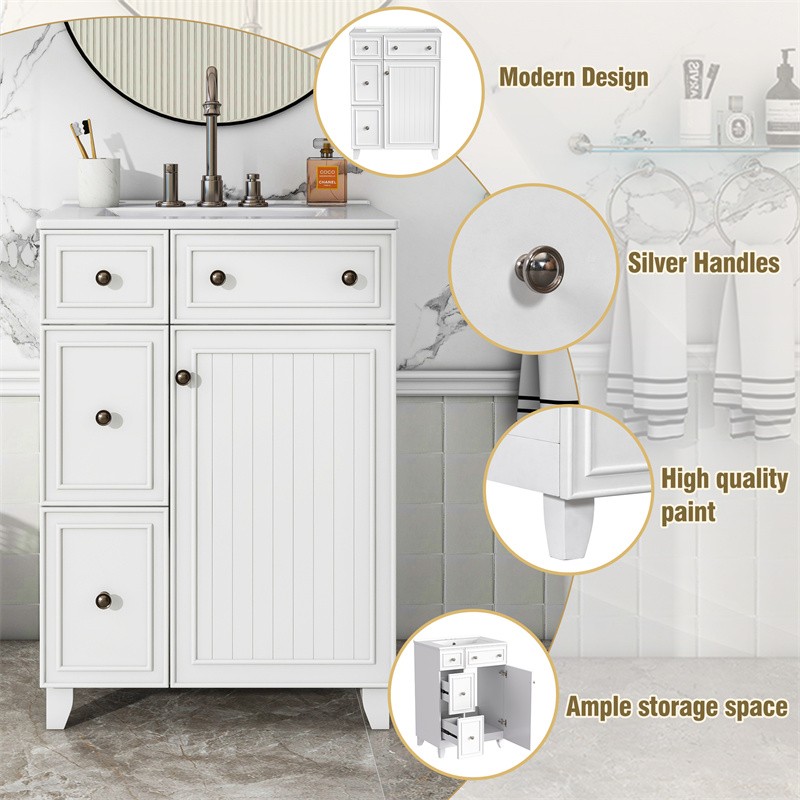 24″ White Bathroom Vanity Cabinet with Ceramic Sink,2 Drawers,1 Soft-Close Door
