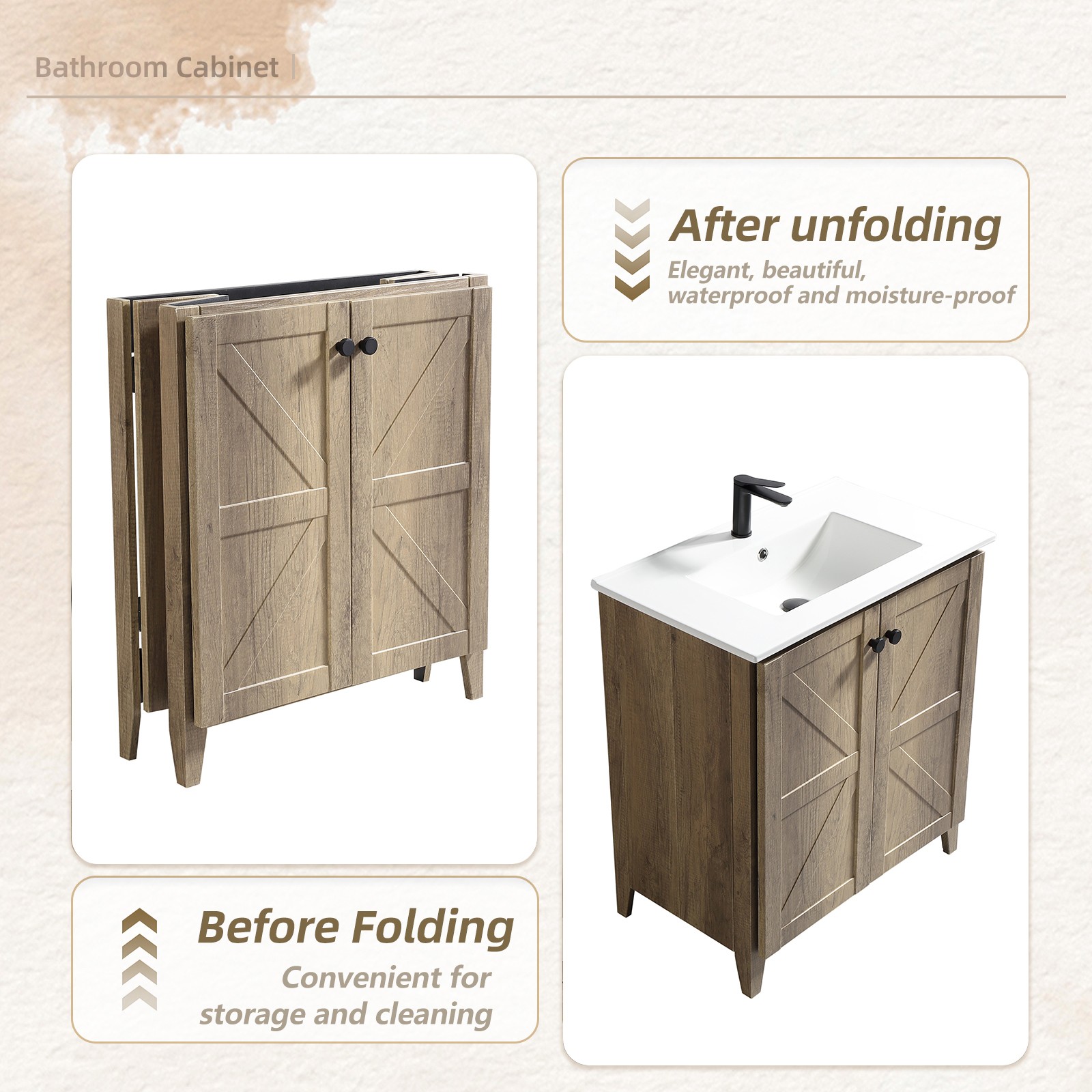 30″ Antique Grey Folding Floor Cabinet With Ceramic Sink Modern Storage Cabinet