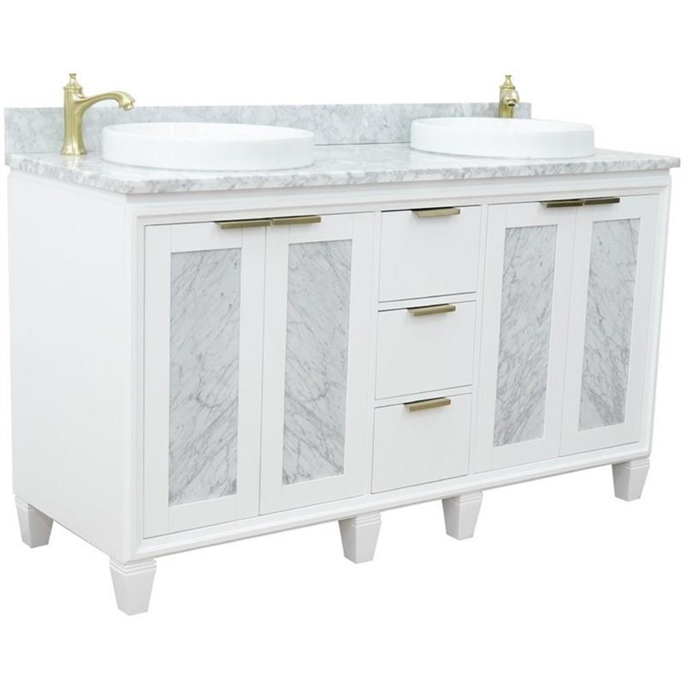 Pemberly Row 61″ Double Round Sink Solid Wood Vanity in White/White Carrara