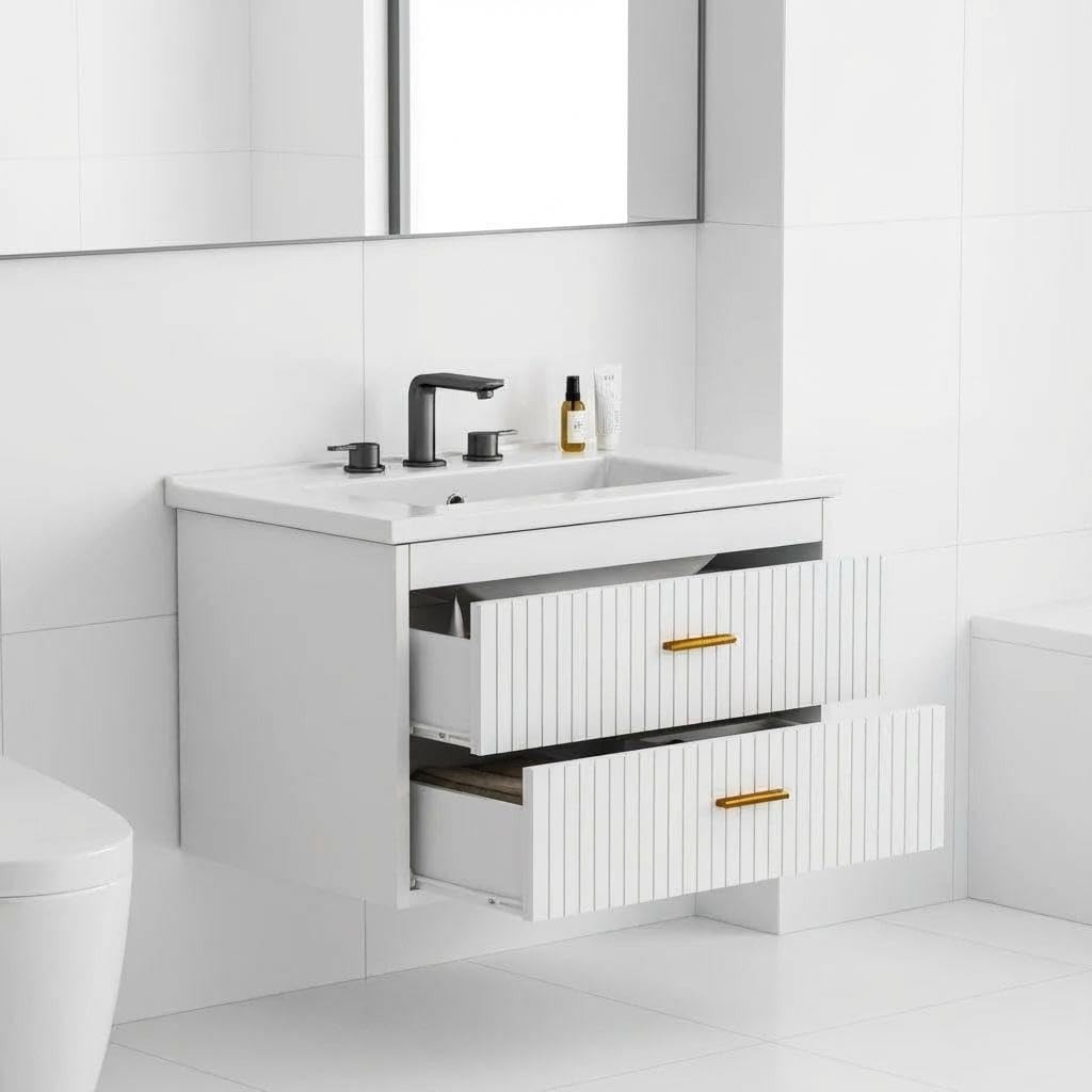 24 inch White Wall Mounted Floating Vanity with Sink Soft Close Bathroom Cabinet