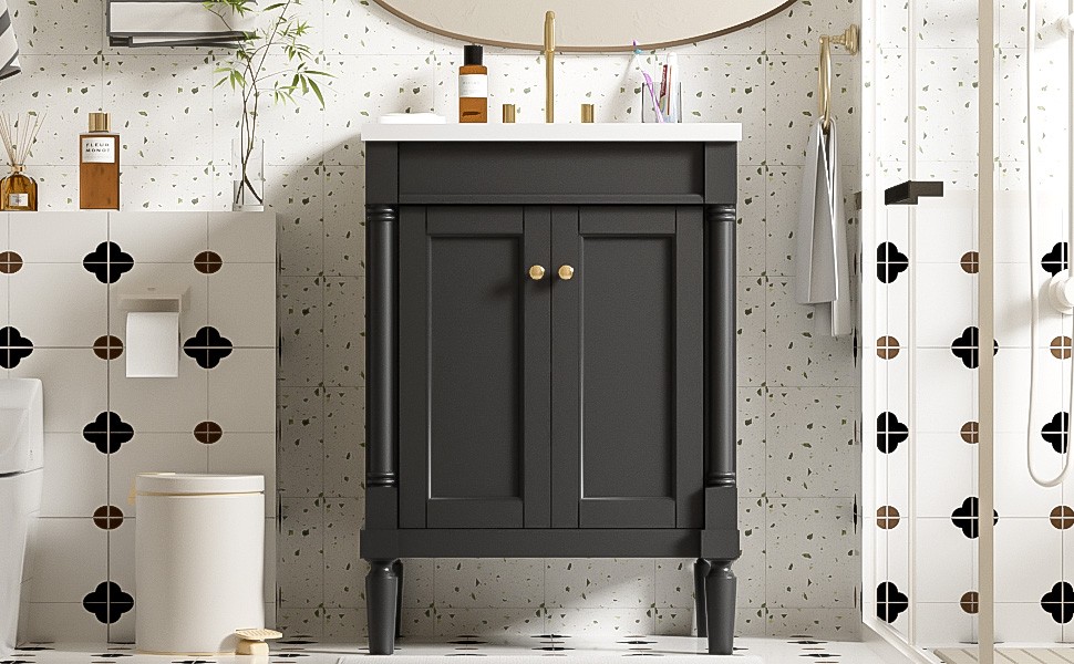 24″ Bathroom Vanity with Sink, Modern 2-Tier Storage Cabinet, Black
