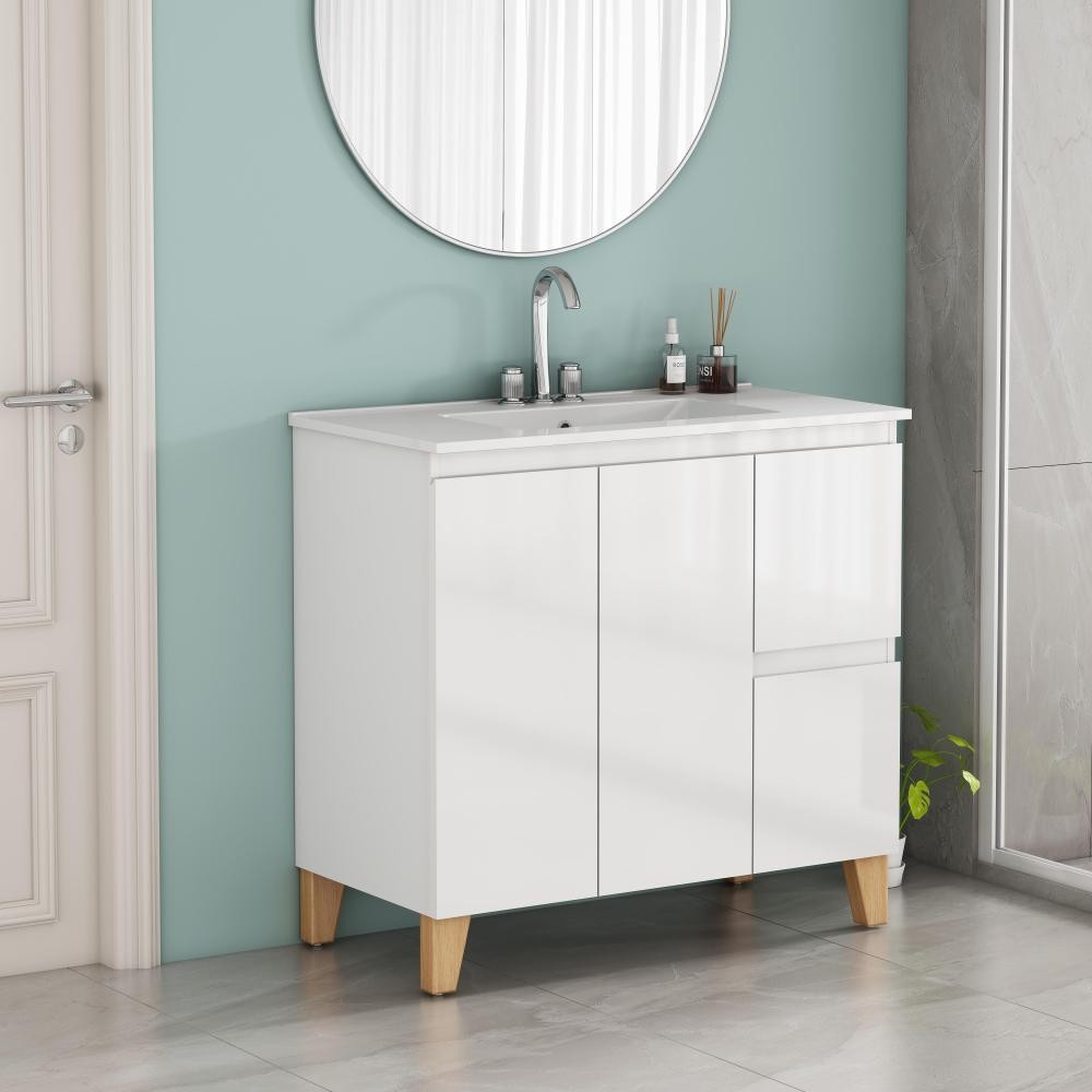 Bathroom cabinet with sink, double doors, and two drawers