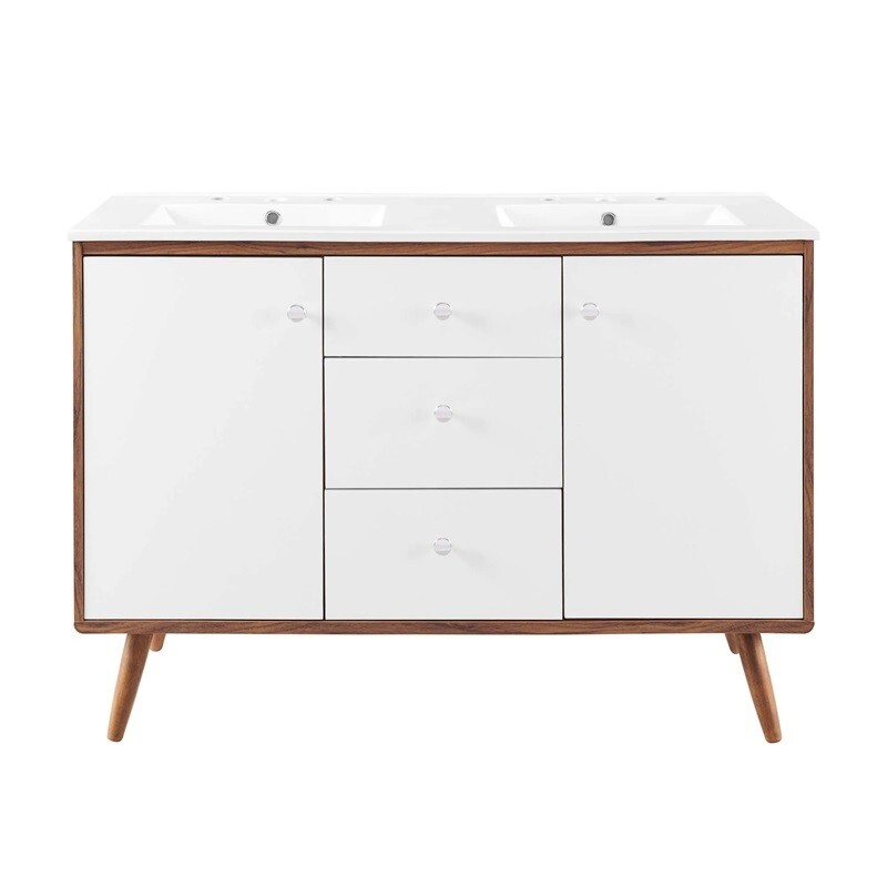 White Mid Century Modern Walnut Bathroom Vanity Ceramic Sink Single Double