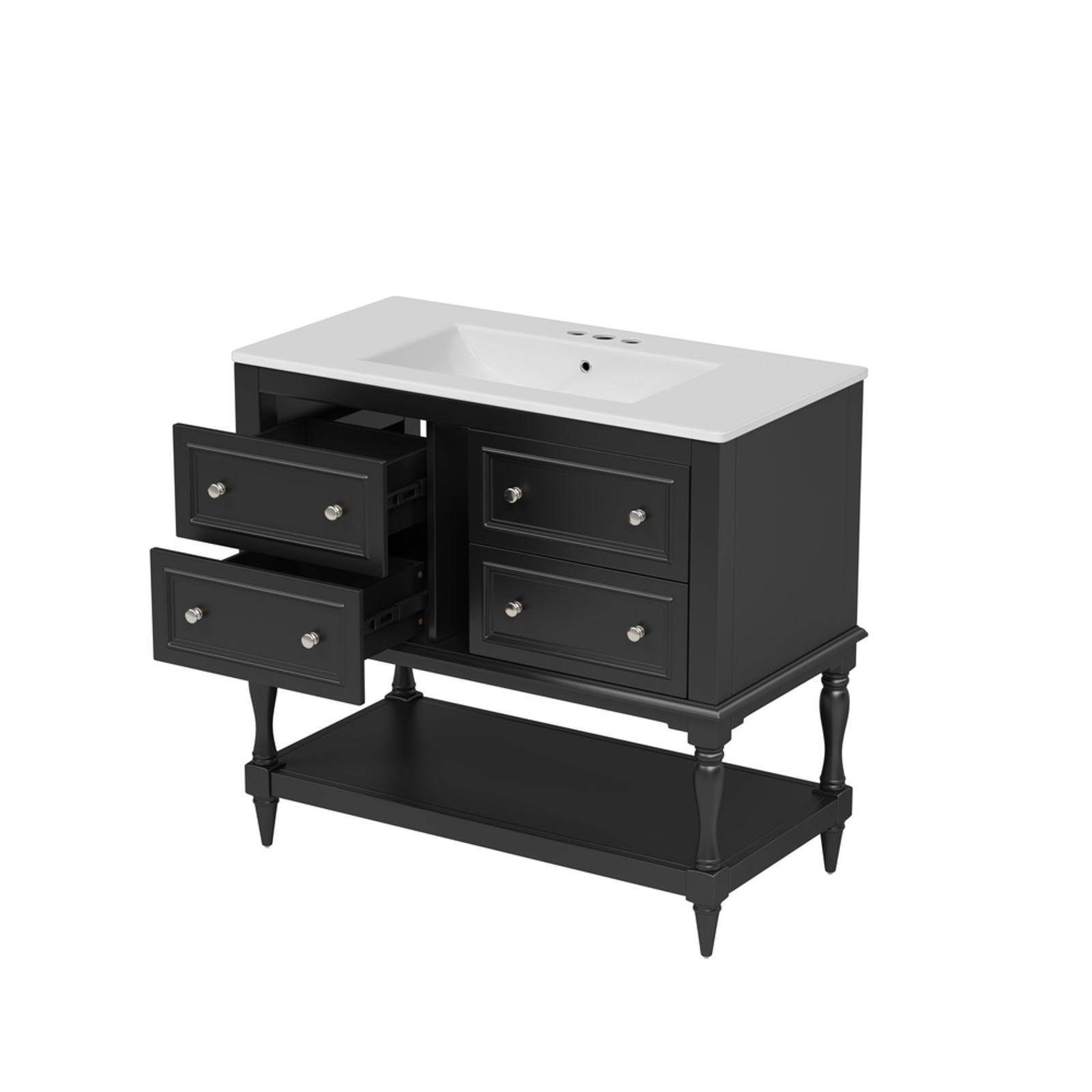 36” Bathroom Vanity Cabinet with Ceramic Sink, Solid Wood Frame, 4 Drawers,