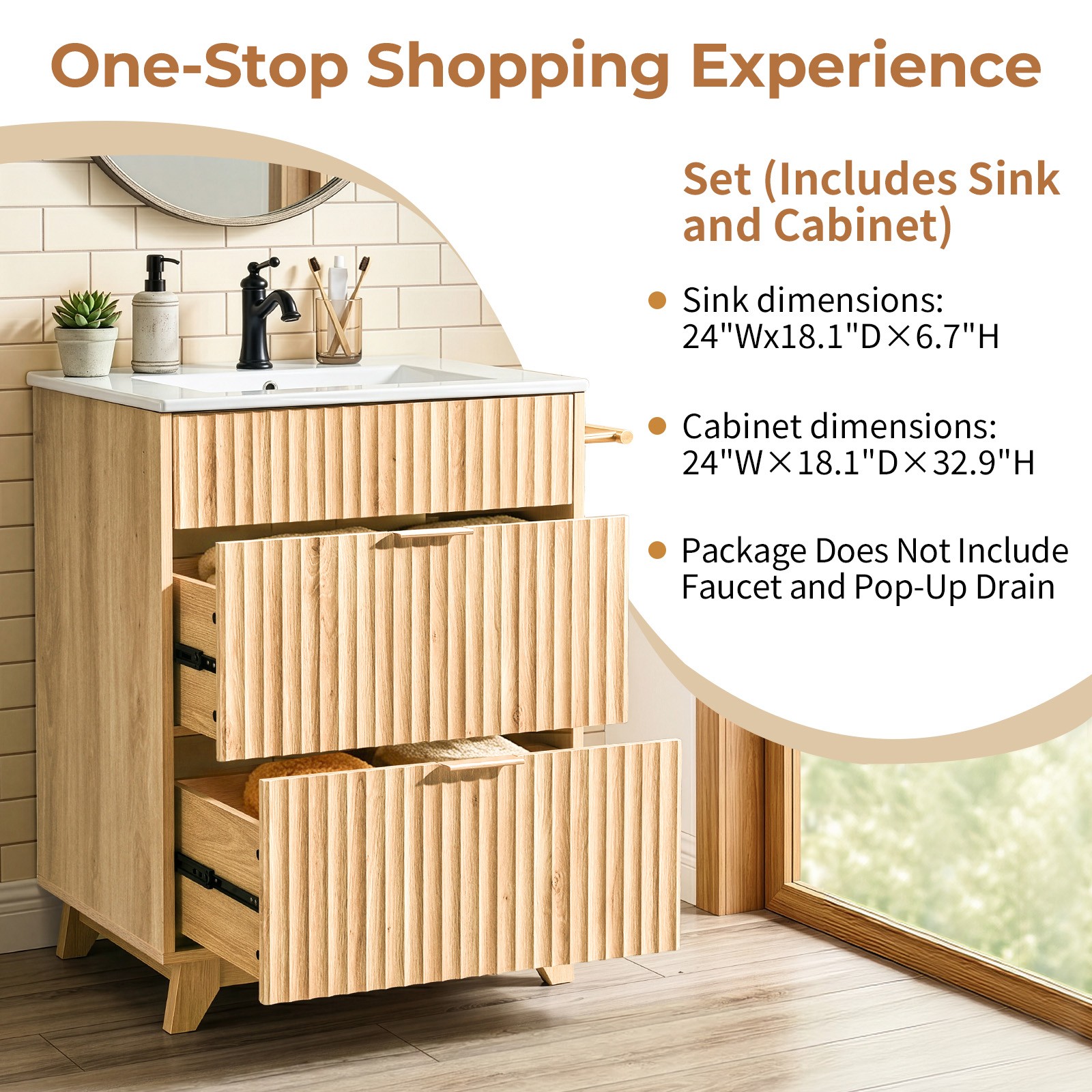 24″ Bathroom Vanity with Ceramic Sink Overflow Freestanding Cabinet Guest Baths