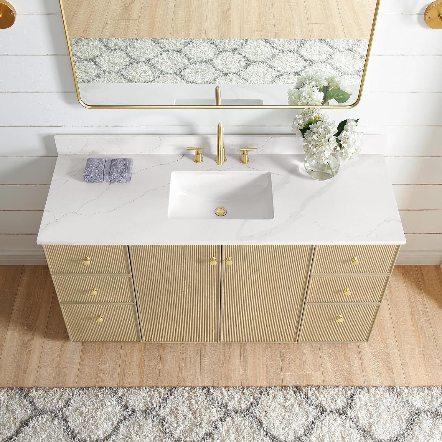 VINNOVA Oza 60″ Single Bath Vanity in Aged Natural Oak with Fish Maw White Quart