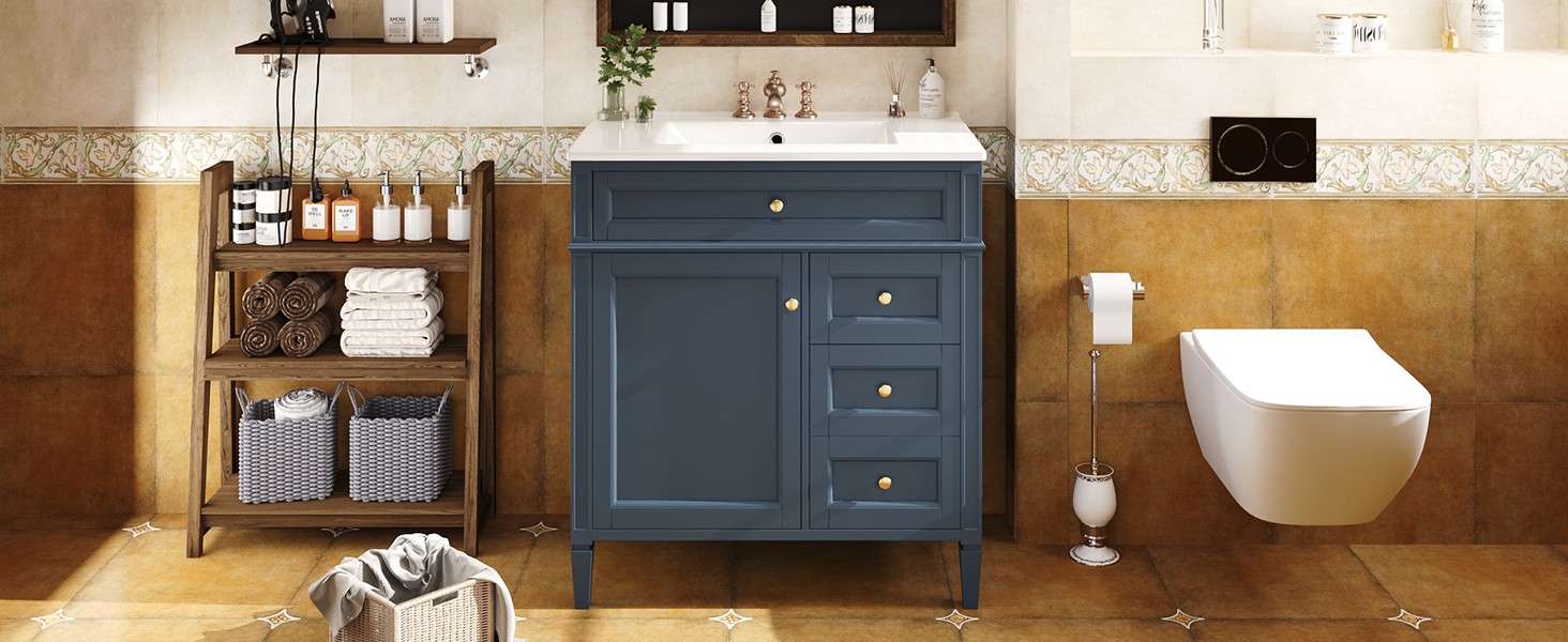 30″ Bathroom Vanity with Sink, 2 Drawers & Tip-Out Drawer, Blue