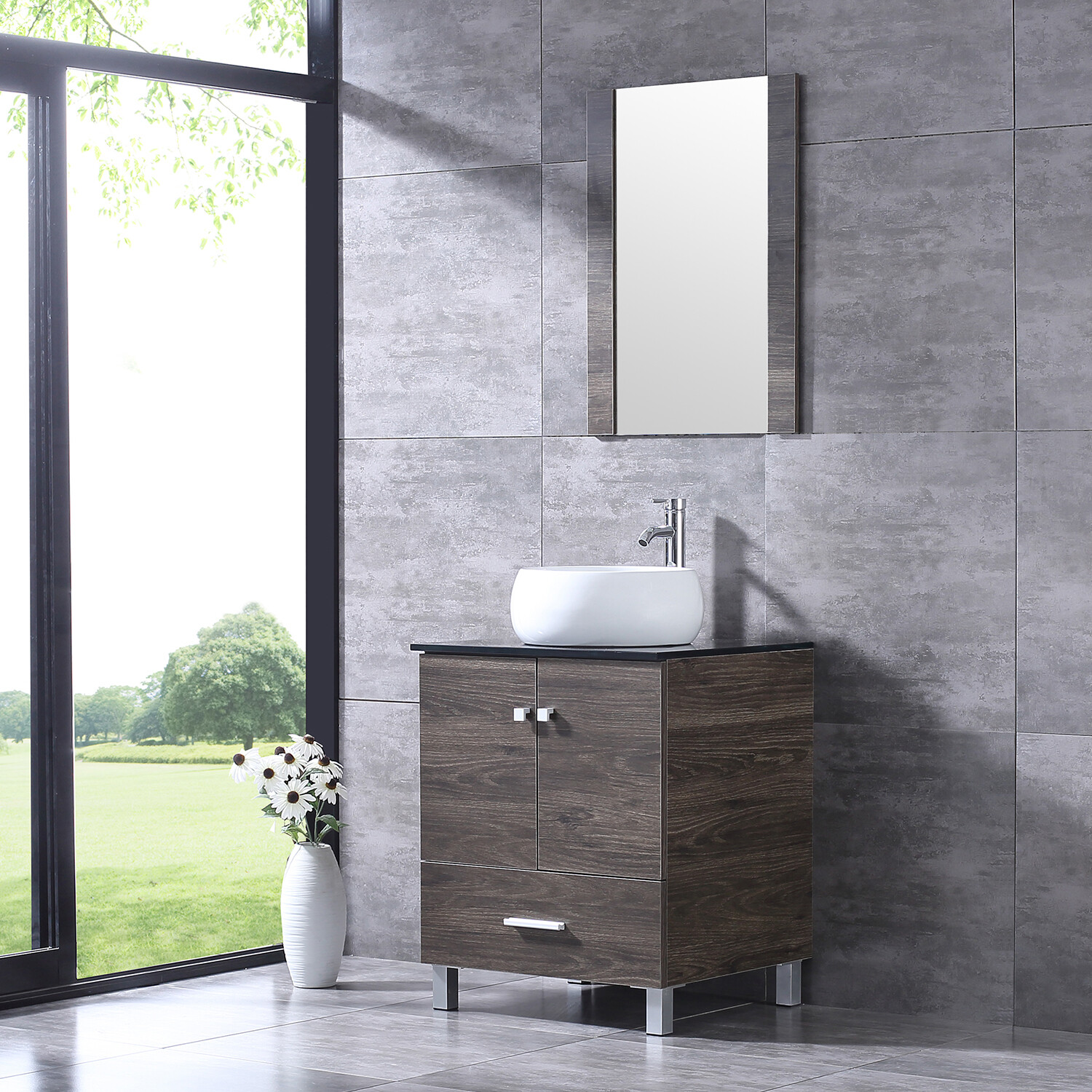 24″Bathroom Vanity Wood Cabinet White Ceramic Sink Bowl Basin Brown Mirror Combo