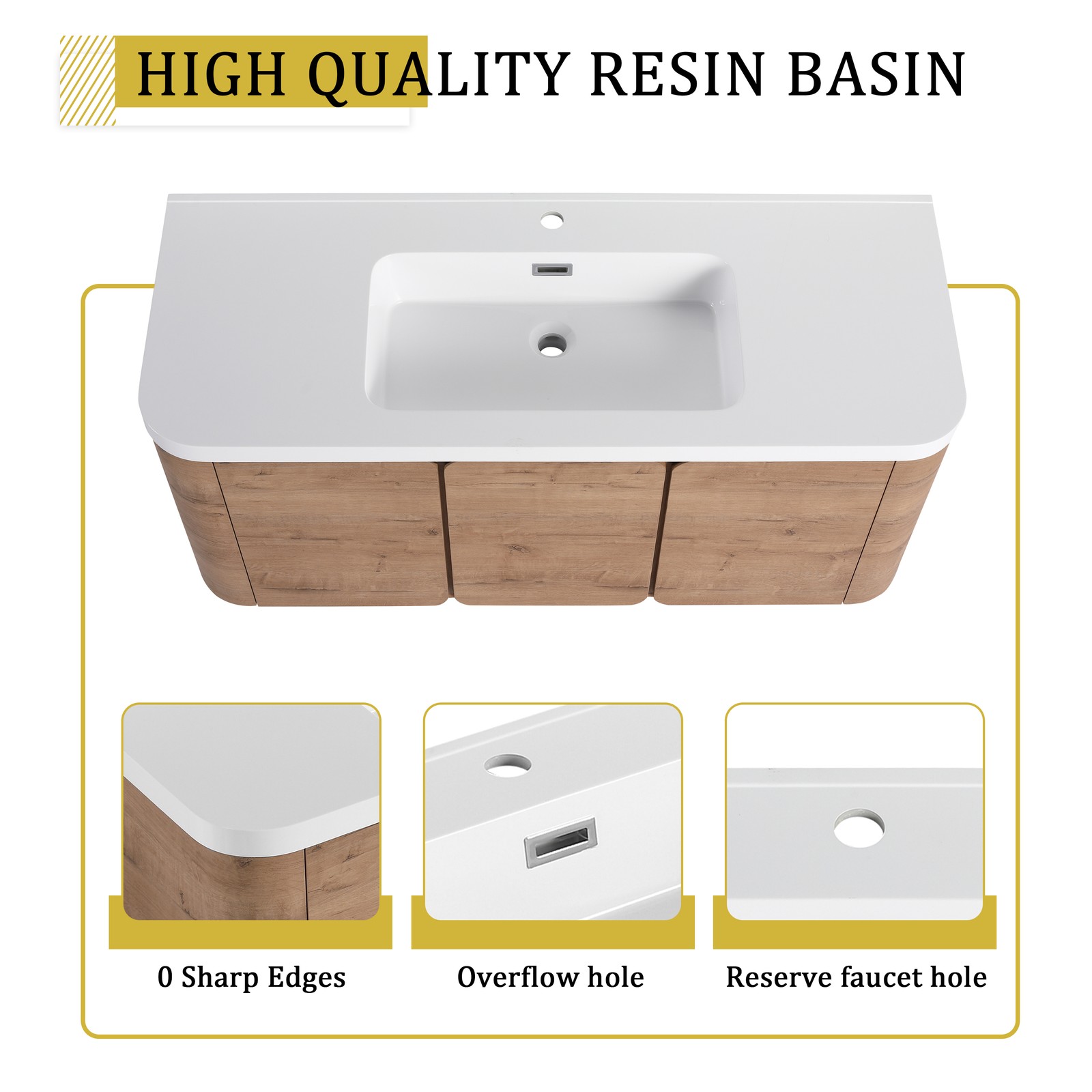 48″ Plywood Floating Wall-Mounted Bathroom Vanity Resin Sink 3 Soft-Close Doors
