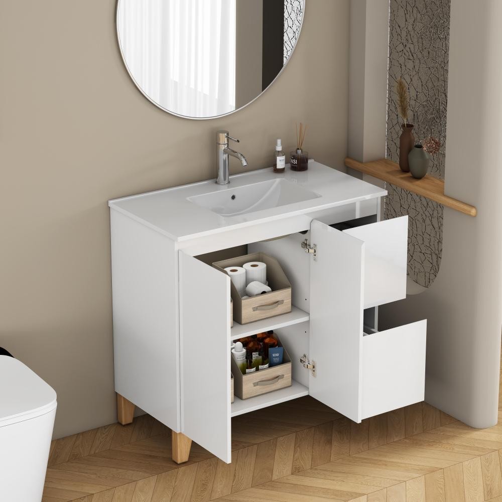 Bathroom cabinet with sink, double doors, and two drawers