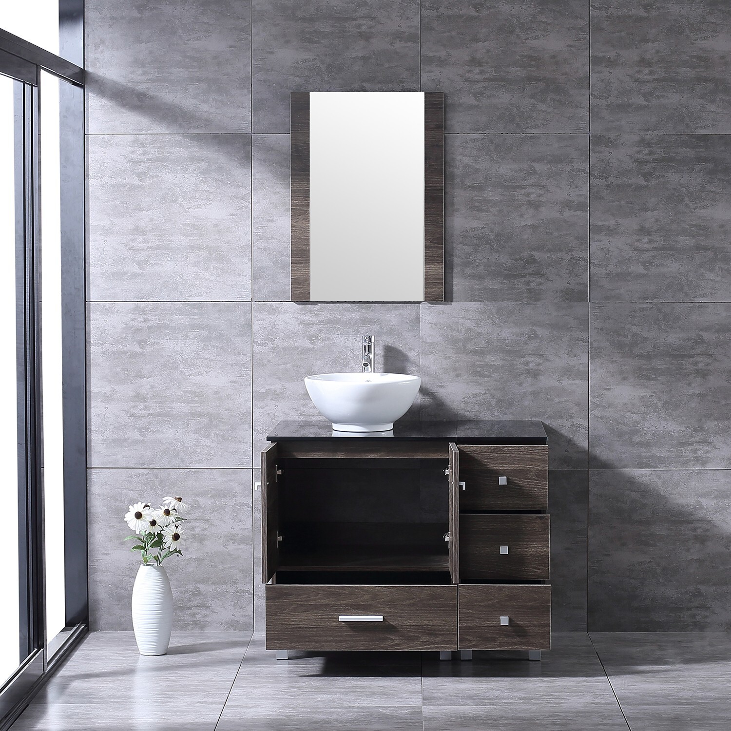 Bathroom Vanity with Sink 36 Inch Cabinet Ceramic Sink w/Glass Top Set Brown
