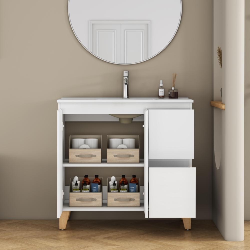 Bathroom cabinet with sink, double doors, and two drawers