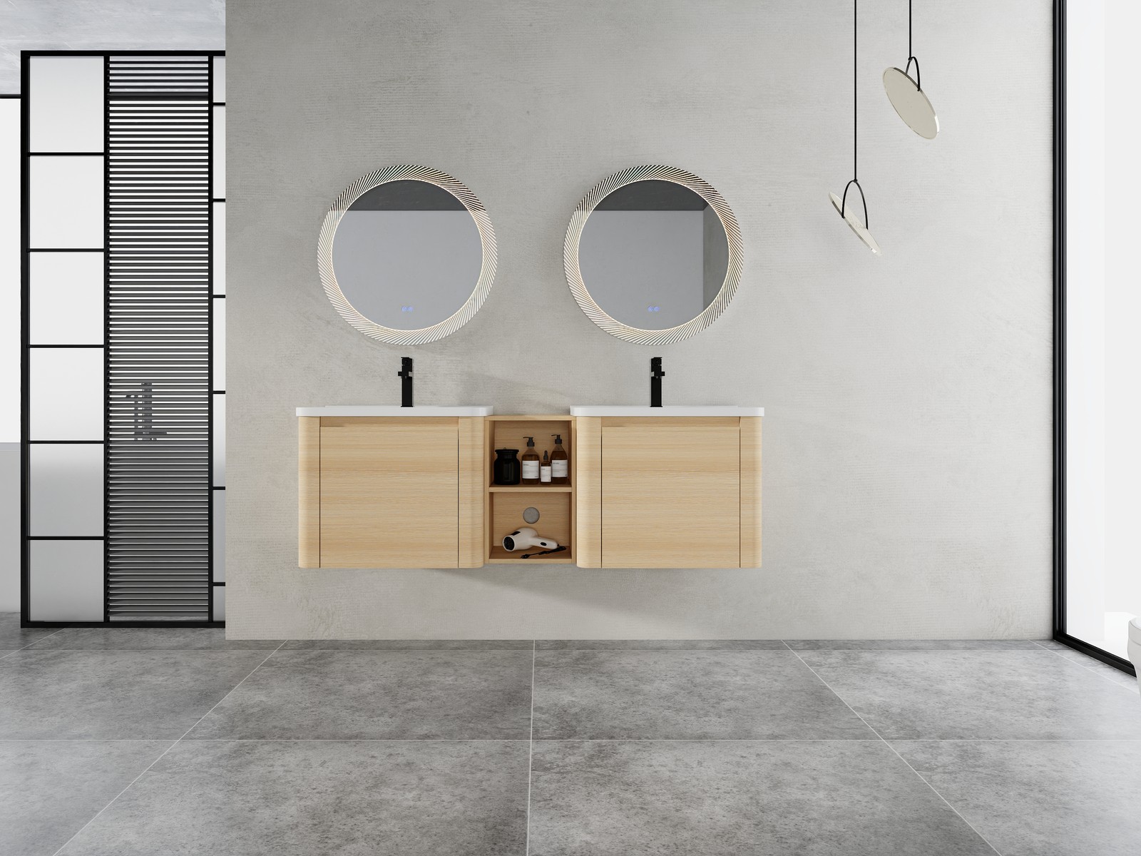60in Plywood Wall-Mounted Bathroom Vanity W/ 2x White Ceramic Sink and Shelves