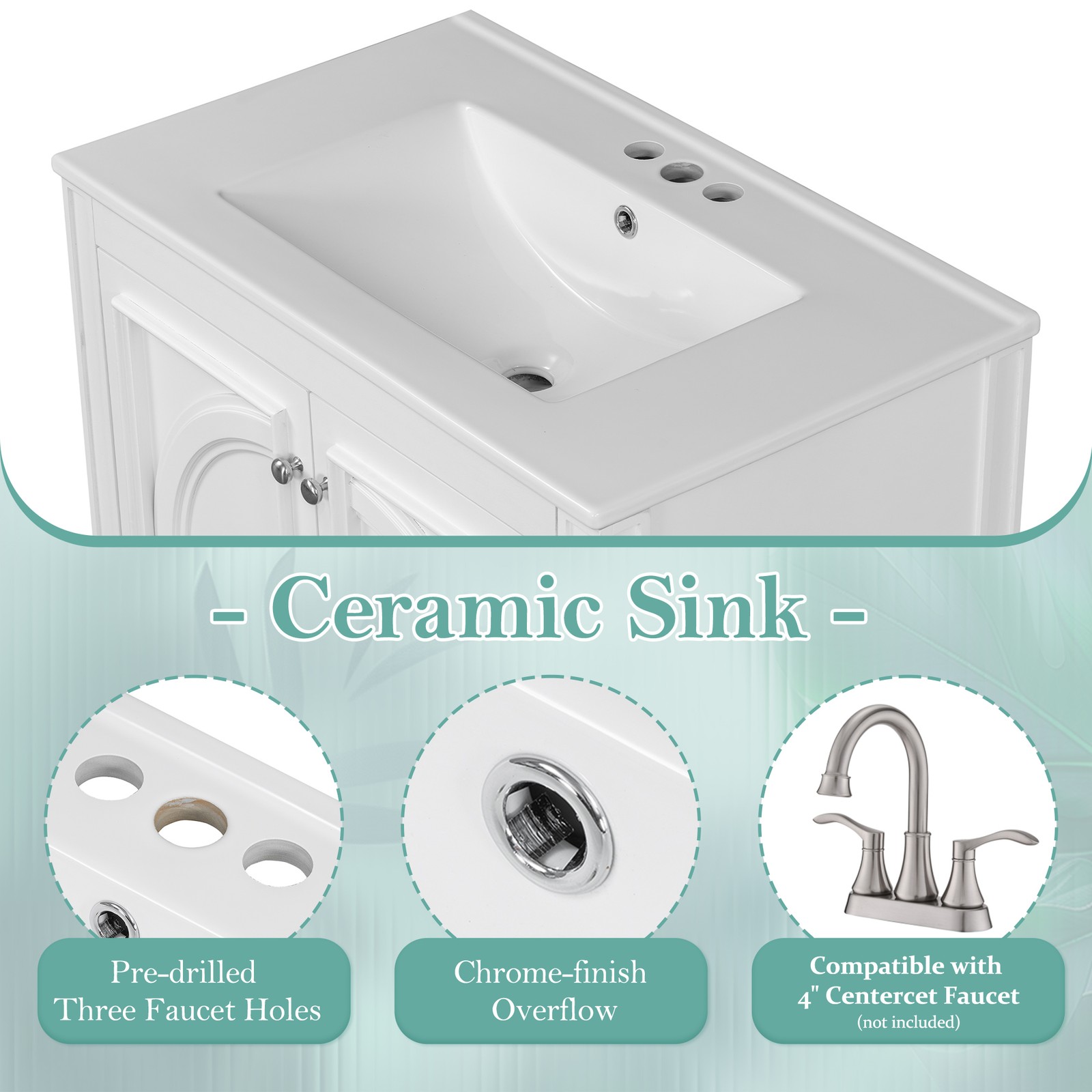 30″ Bathroom Vanity with Sink, Two Doors & Drawer, White