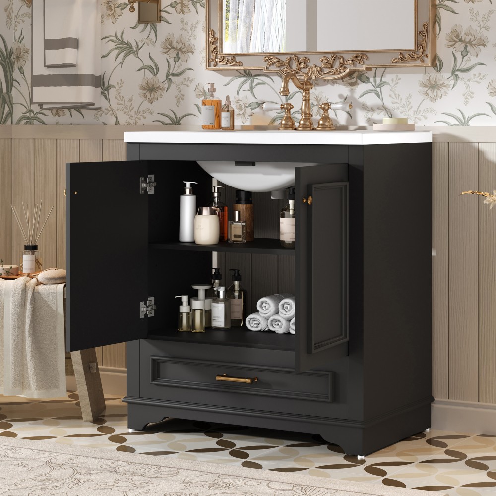 30″ Solid Wood Bathroom Vanity w/Ceramic Sink,2 Soft Close Doors,Storage Cabinet