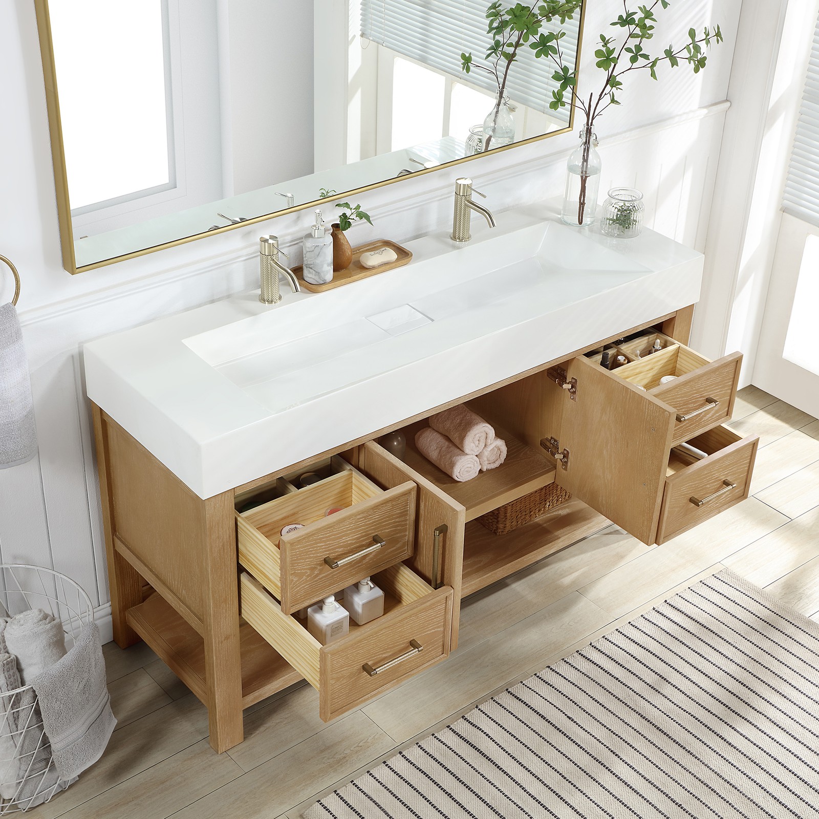 Vera 60″ Single Bath Vanity in Washed Ash Grey w/ White Integrated Sink & Mirror