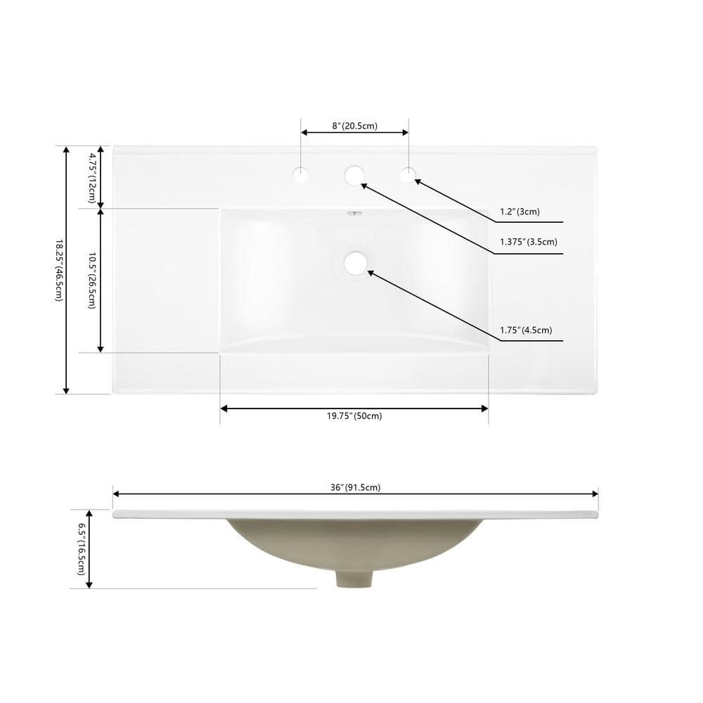 JONATHAN Y 36″ W x 18.25″ D Classic Rectangular Ceramic Sink Vanity Top White