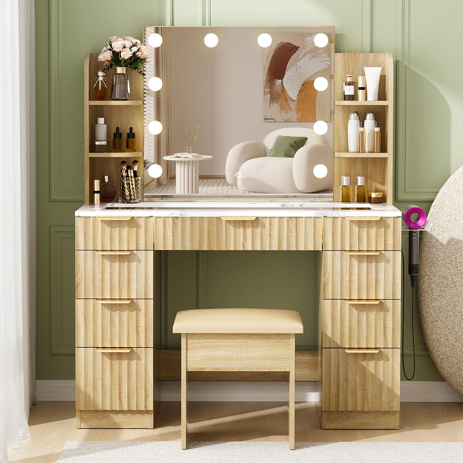 Fluted Vanity with Mirror Lights 43in Glass Top 9 Drawers Outlet Marble