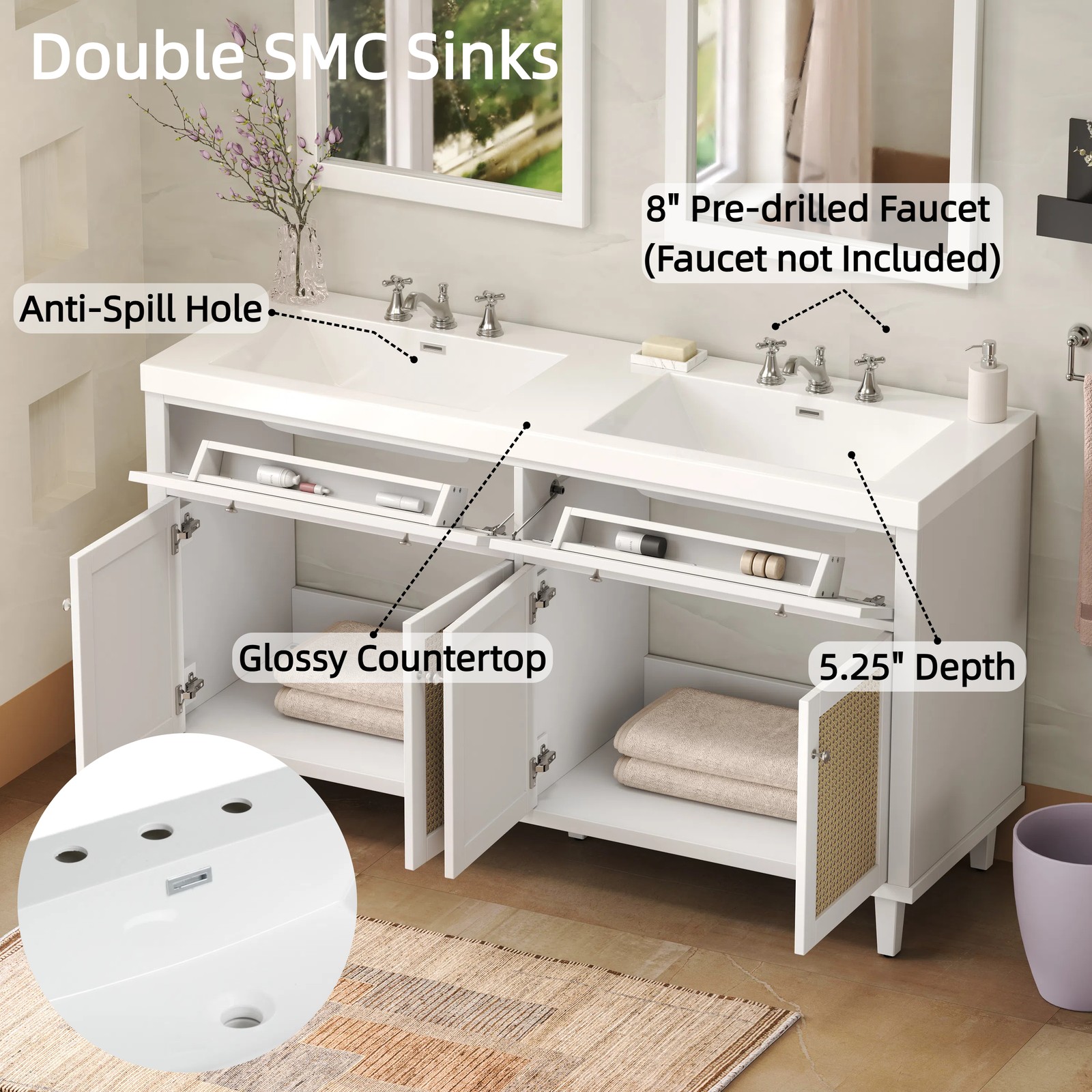 60in Bathroom Vanity w/Double SMC Sink Modern Large Storage Space w/2 Drawers