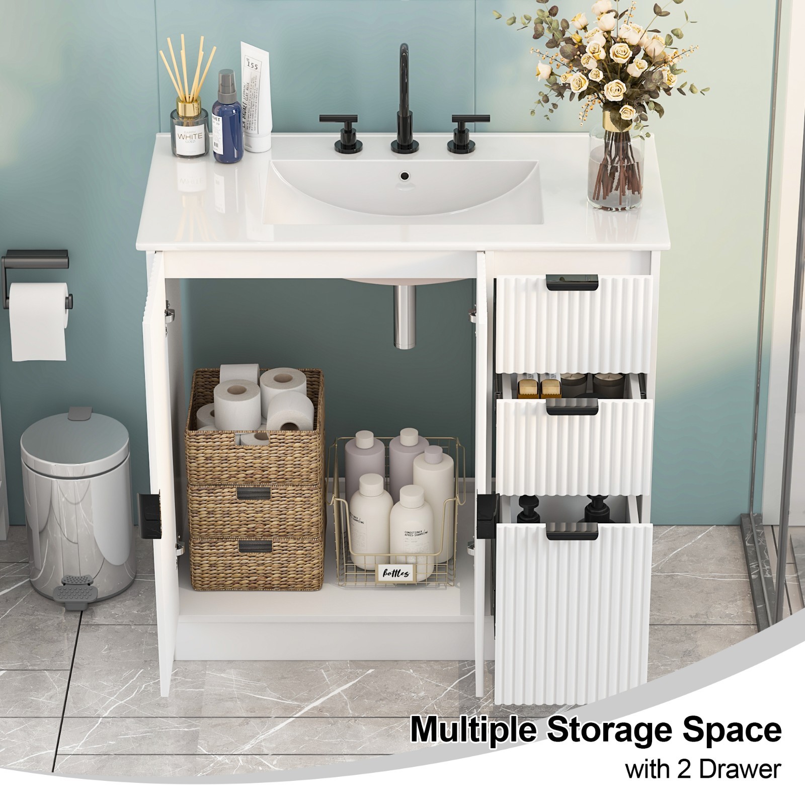 36″ Bathroom Vanity with Ceramic Sink Extra Large Storage with 2 Doors 3 Drawers