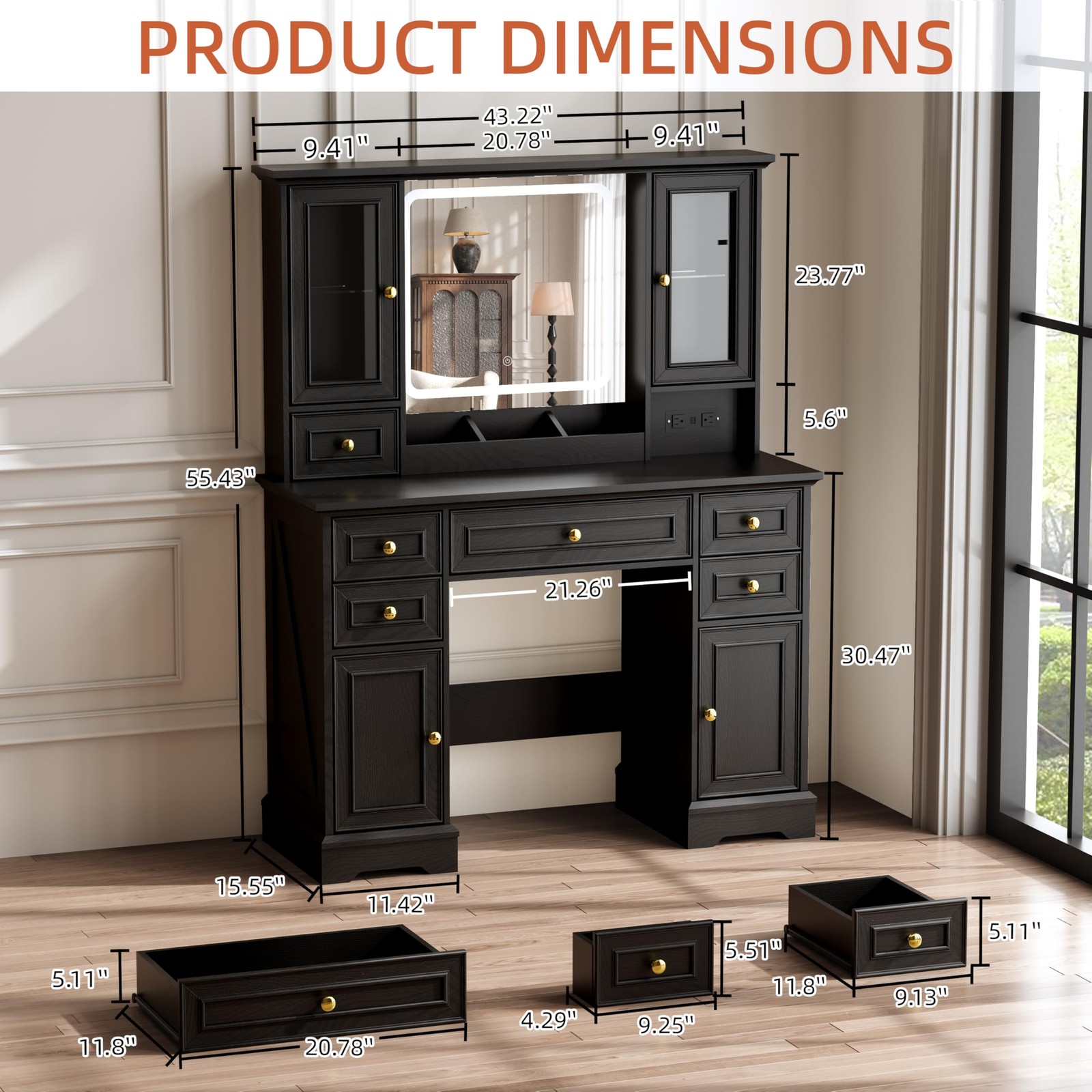 Vanity Desk Mirror Lights Power Outlet USB 6 Drawers 4 Cabinets 3Color Dimmable