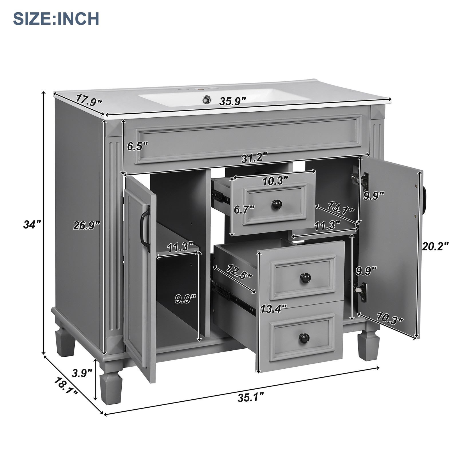 Single sink bathroom dressing table, 2 soft-closed doors and 2 drawers