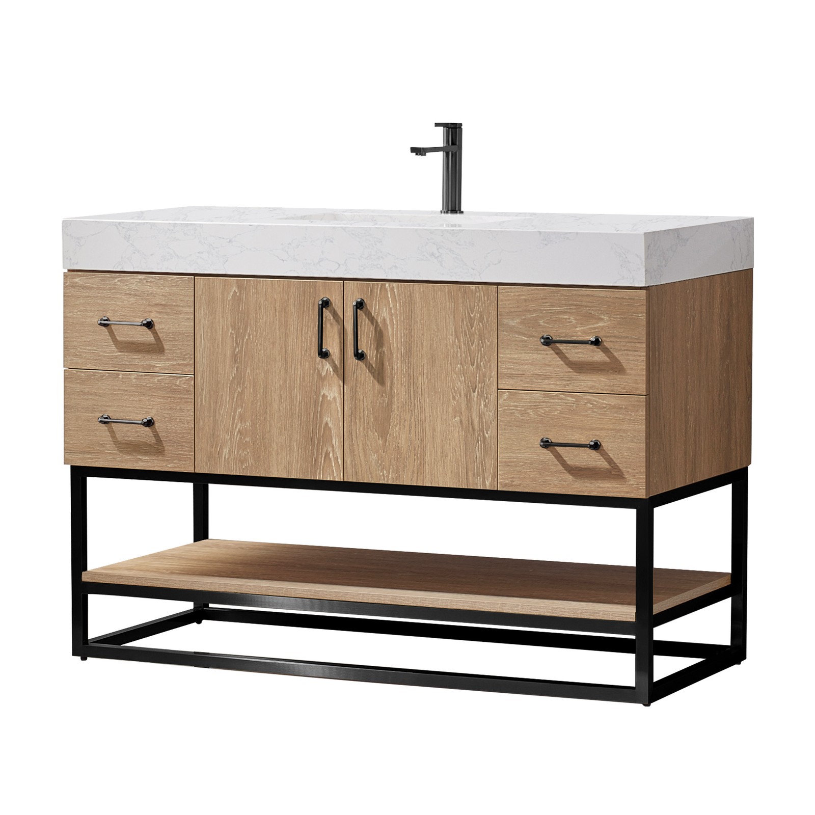 Vinnova Alistair 48″ White Stone Top Oak Single Vanity Black Frame w/o Mirror
