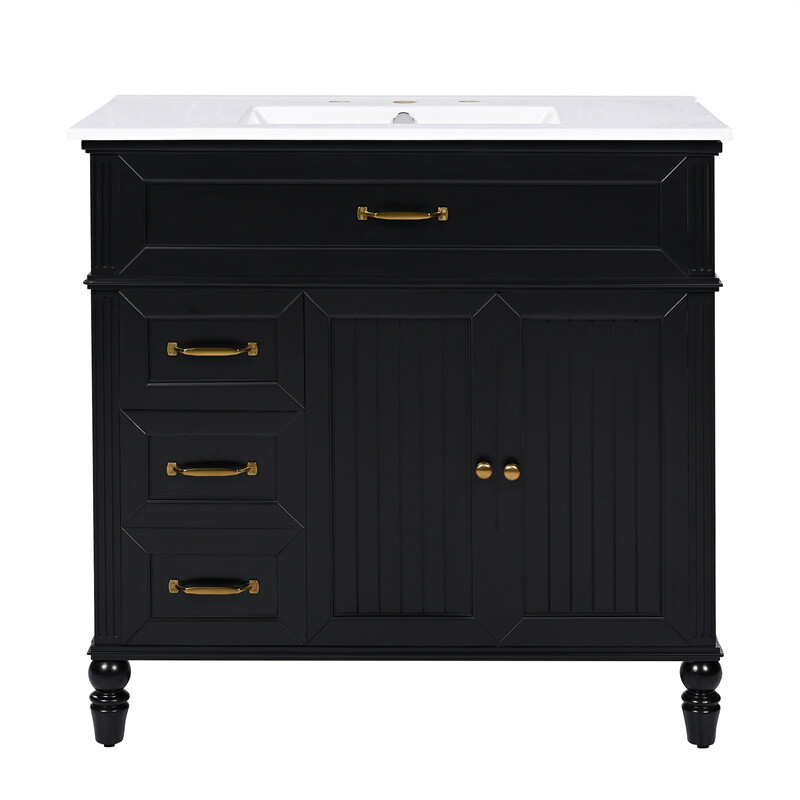 36″ Bathroom Vanity Set with Sink, Black Bathroom Cabinet w/3 Drawers & 2 Doors