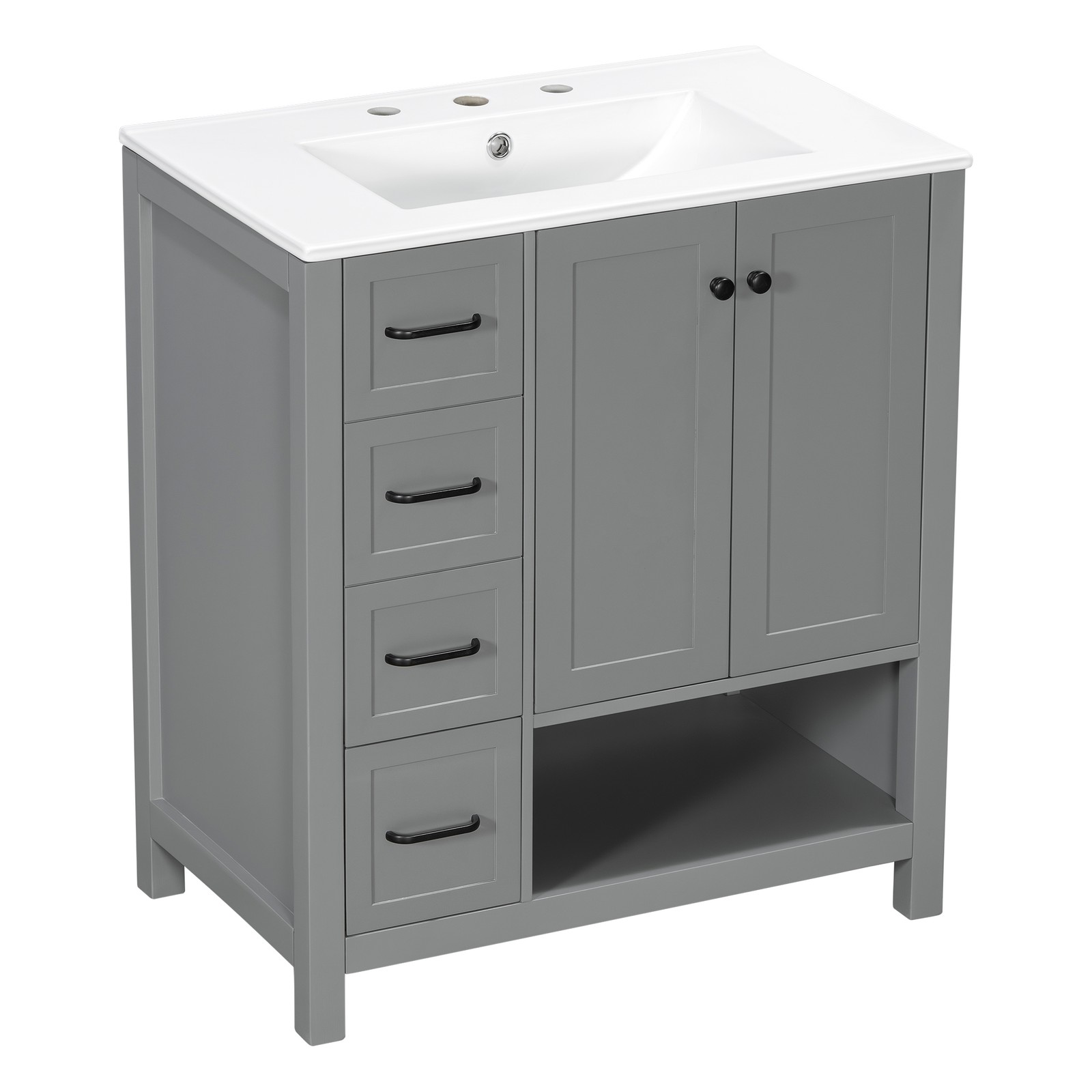 30″ Bathroom Vanity with Sink, 2 Doors & 2 Drawers, Solid Wood, Gray