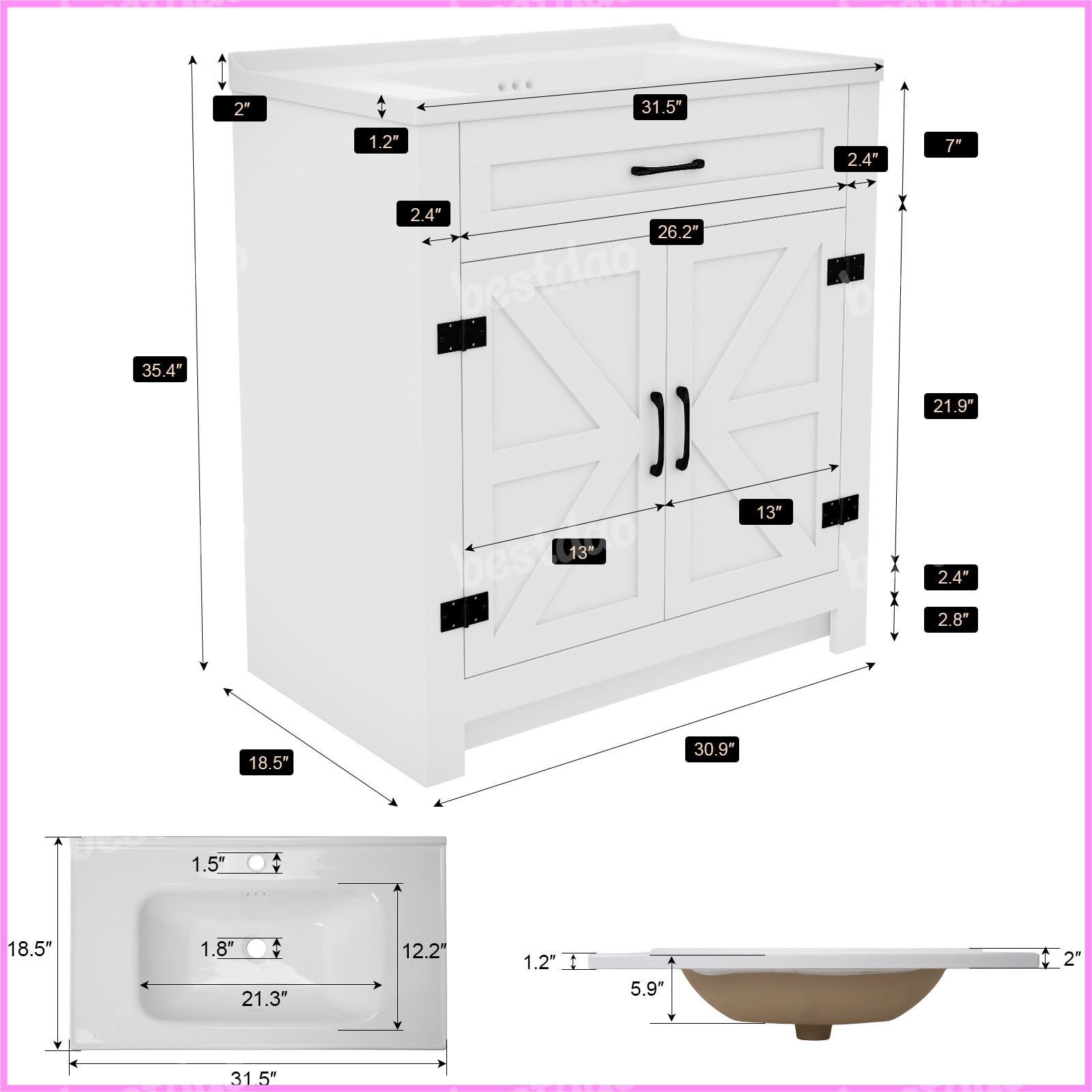 31 Inch Bathroom Vanity Cabinet Ceramic Sink Double Doors Storage Cabinet
