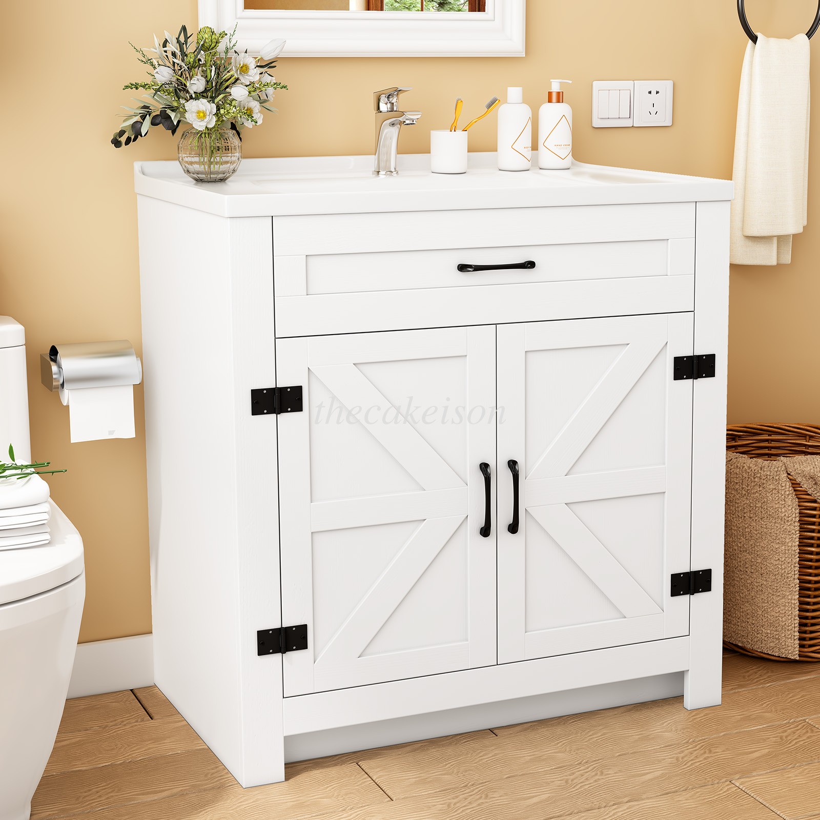 31″ Ceramic Sink Storage Bathroom Vanity Bathroom Cabinet Space with 2 Doors